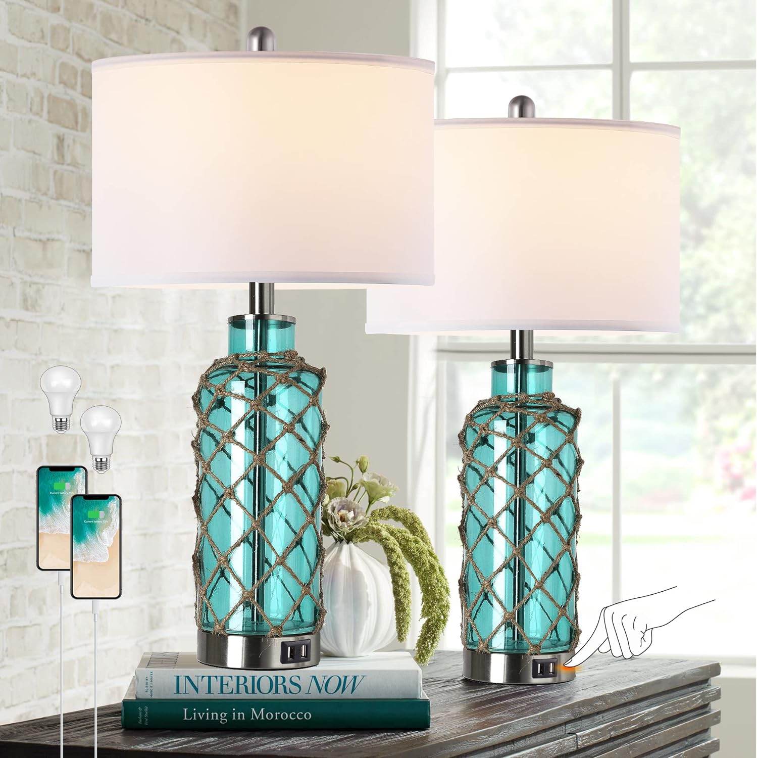 Cottage Nautical Accent Table Lamp Set of 2, Touch Control Coastal Blue Green Glass Rope Net Bedside Lamp with 2 USB Ports, 3-Way Dimmable Nightstand Lamps with White Shade for Living Room, Bedroom - Image 2