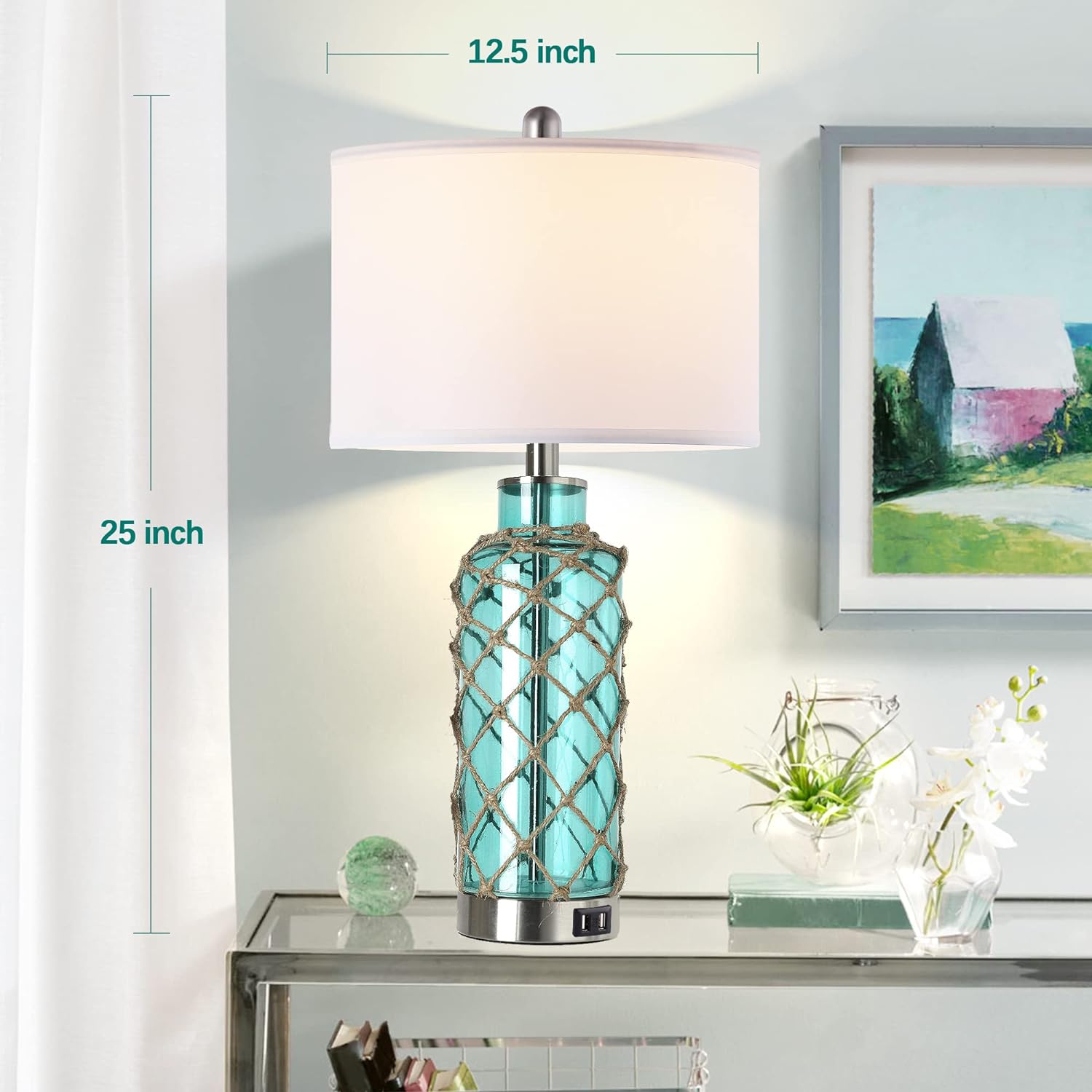 Cottage Nautical Accent Table Lamp Set of 2, Touch Control Coastal Blue Green Glass Rope Net Bedside Lamp with 2 USB Ports, 3-Way Dimmable Nightstand Lamps with White Shade for Living Room, Bedroom - Image 4