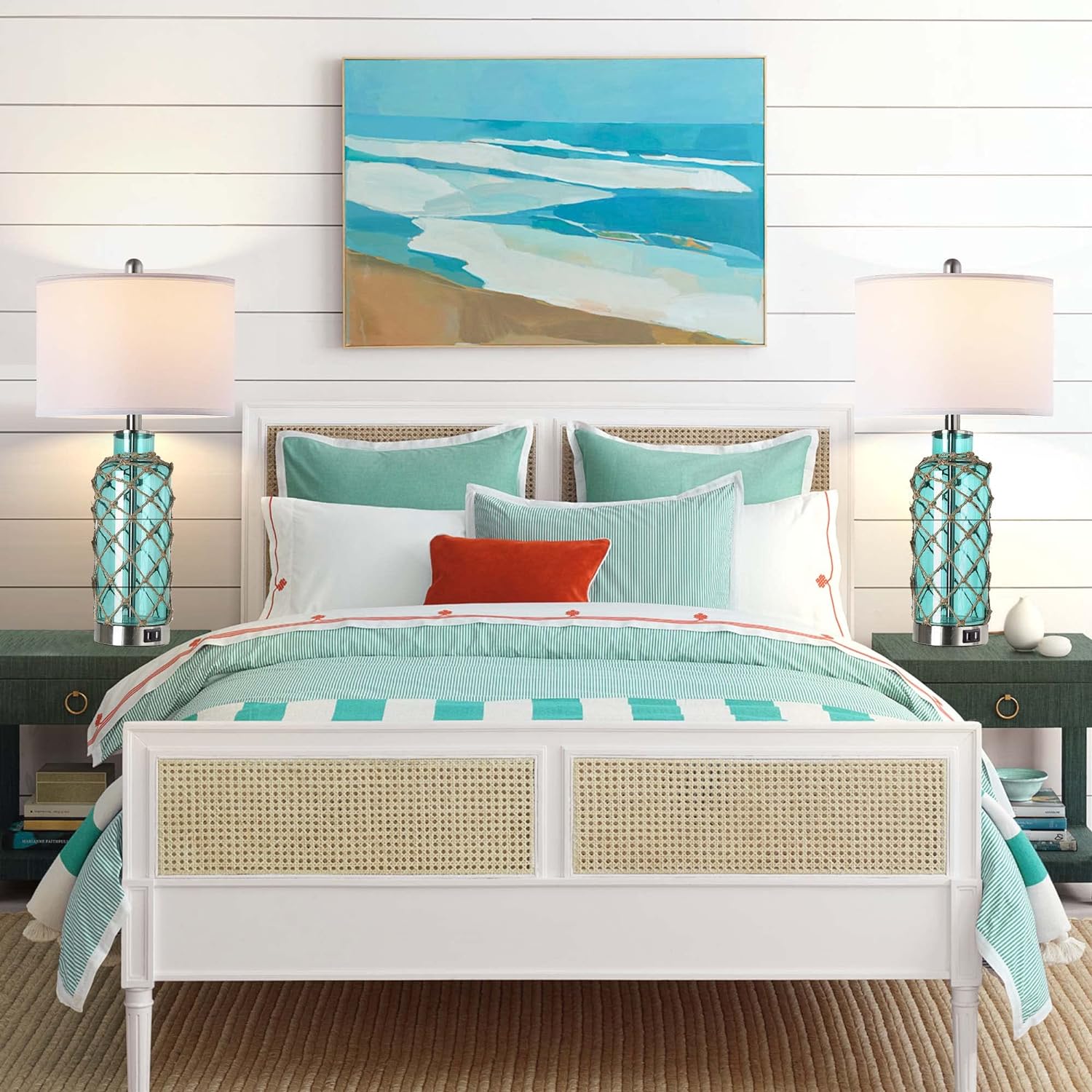 Cottage Nautical Accent Table Lamp Set of 2, Touch Control Coastal Blue Green Glass Rope Net Bedside Lamp with 2 USB Ports, 3-Way Dimmable Nightstand Lamps with White Shade for Living Room, Bedroom - Image 5