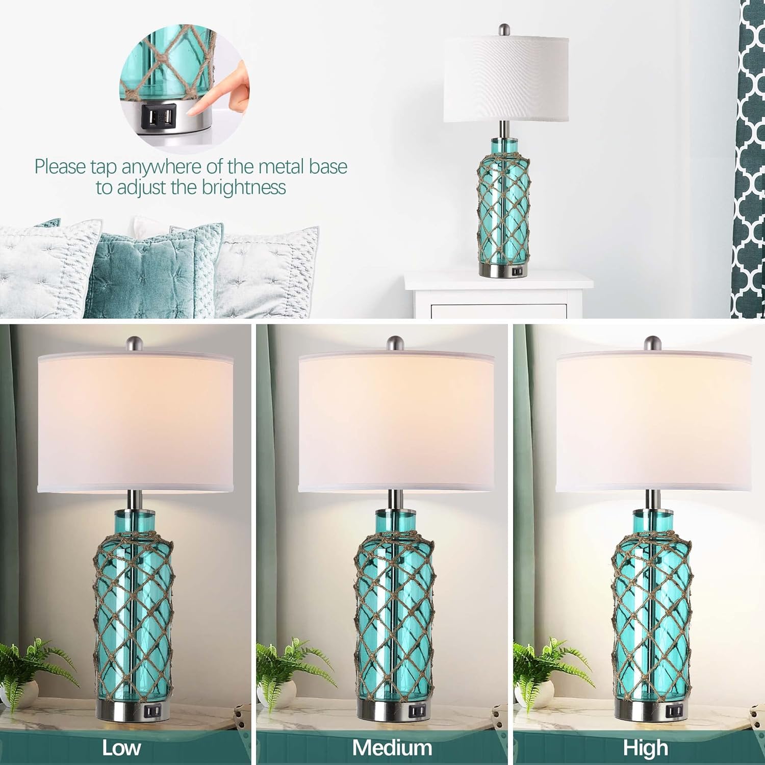 Cottage Nautical Accent Table Lamp Set of 2, Touch Control Coastal Blue Green Glass Rope Net Bedside Lamp with 2 USB Ports, 3-Way Dimmable Nightstand Lamps with White Shade for Living Room, Bedroom - Image 6