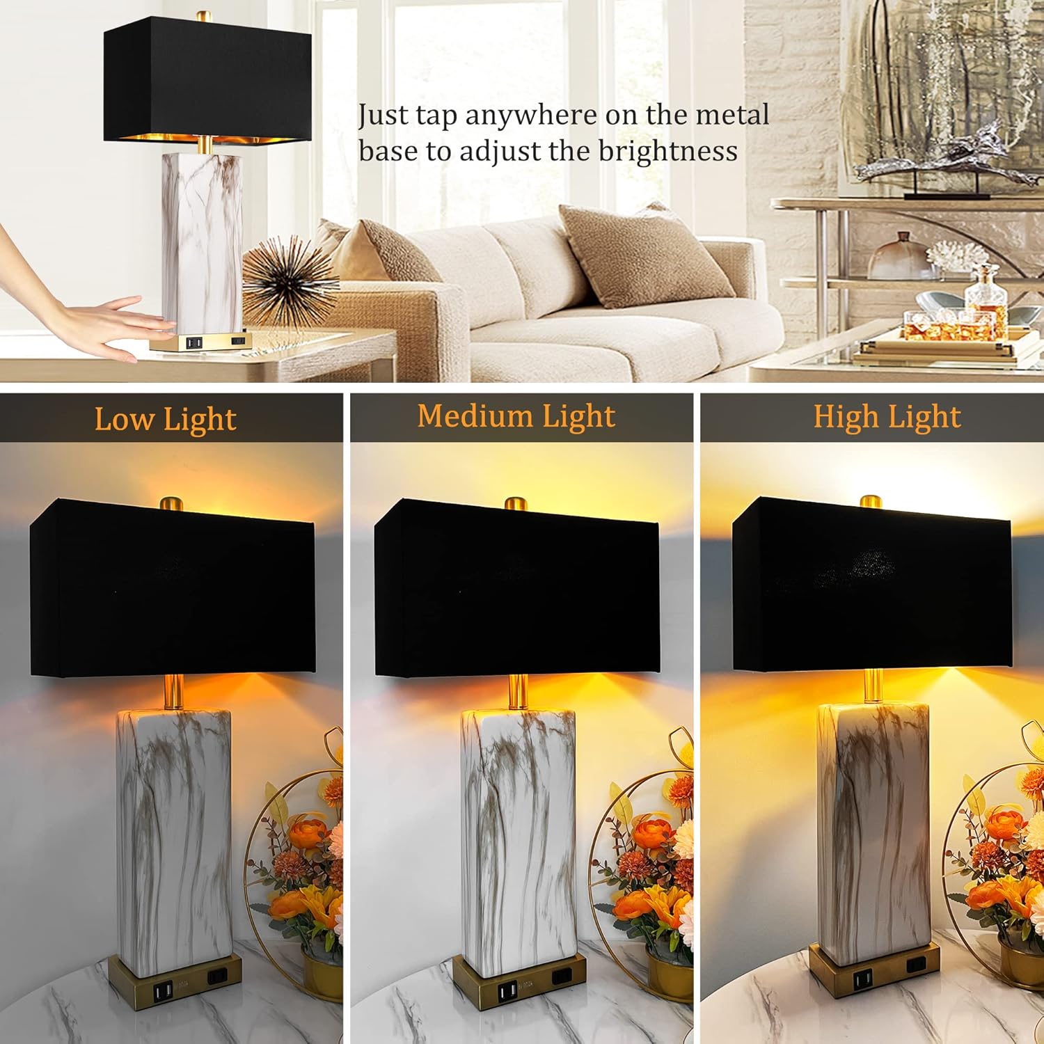 Touch Control Table Lamps Set of 2, Modern Contemporary Bedside Lamp with 2 USB Ports 1 AC Outlet, 3-Way Dimmable Nightstand Lamp Faux Marble Gold Black Rectangular Shade for Living Room Bedroom - Image 3