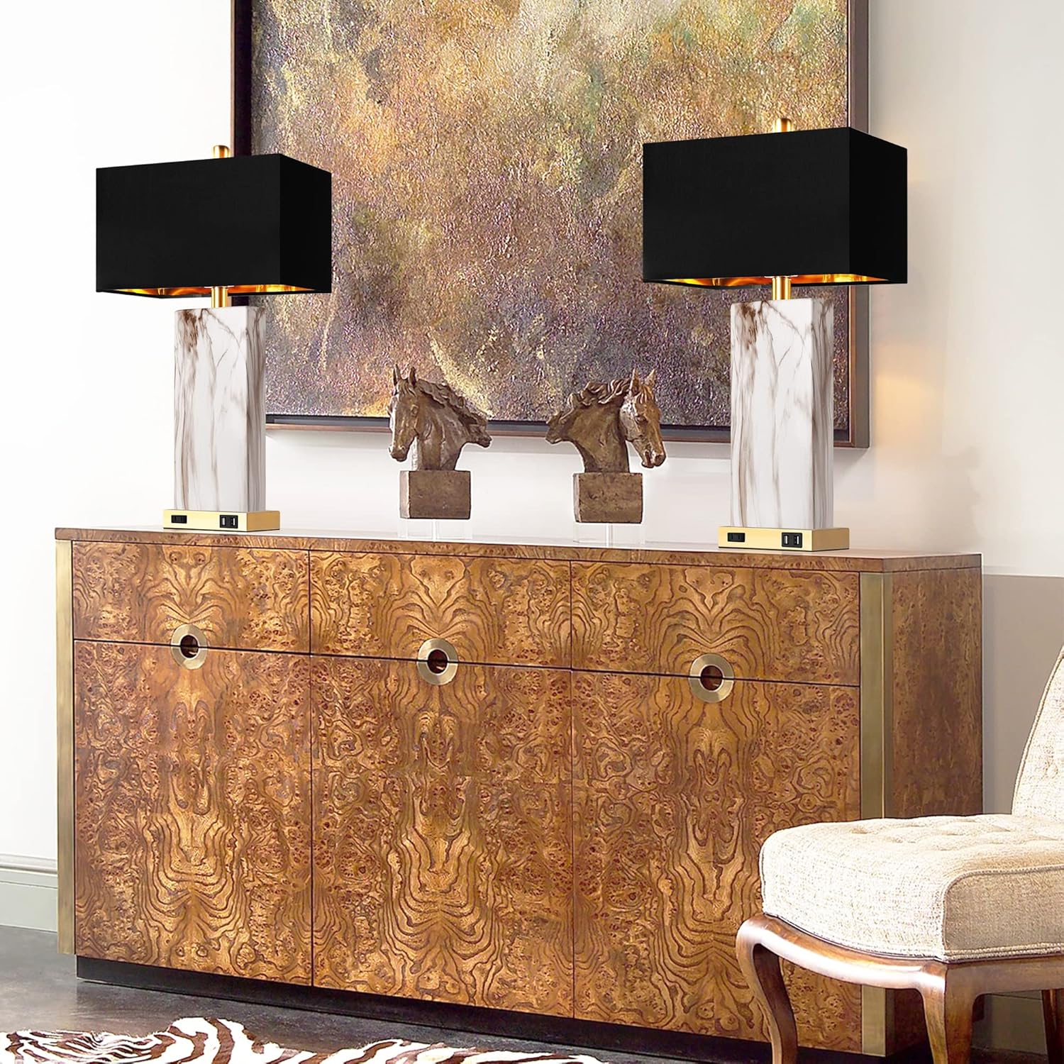 Touch Control Table Lamps Set of 2, Modern Contemporary Bedside Lamp with 2 USB Ports 1 AC Outlet, 3-Way Dimmable Nightstand Lamp Faux Marble Gold Black Rectangular Shade for Living Room Bedroom - Image 4