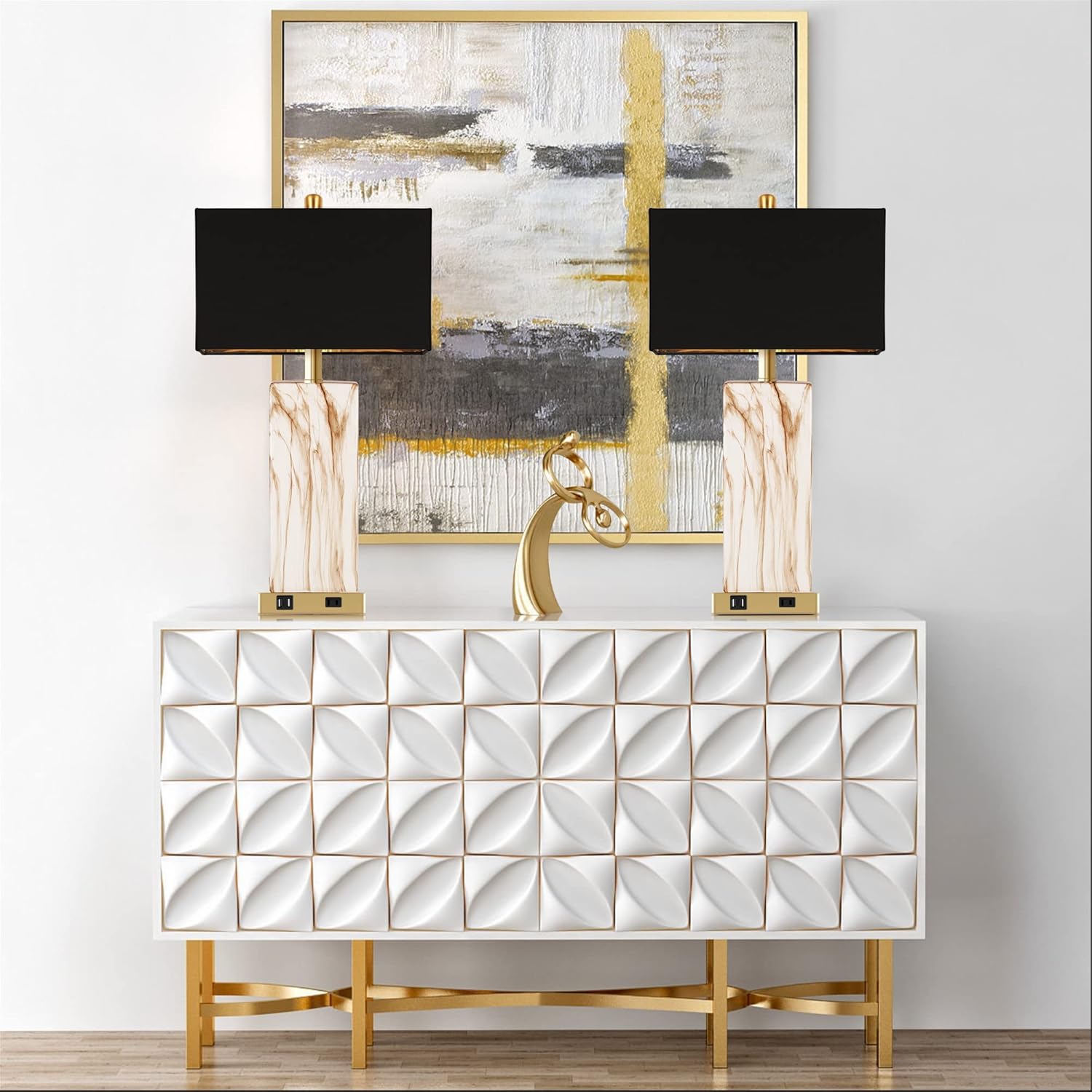 Touch Control Table Lamps Set of 2, Modern Contemporary Bedside Lamp with 2 USB Ports 1 AC Outlet, 3-Way Dimmable Nightstand Lamp Faux Marble Gold Black Rectangular Shade for Living Room Bedroom - Image 5