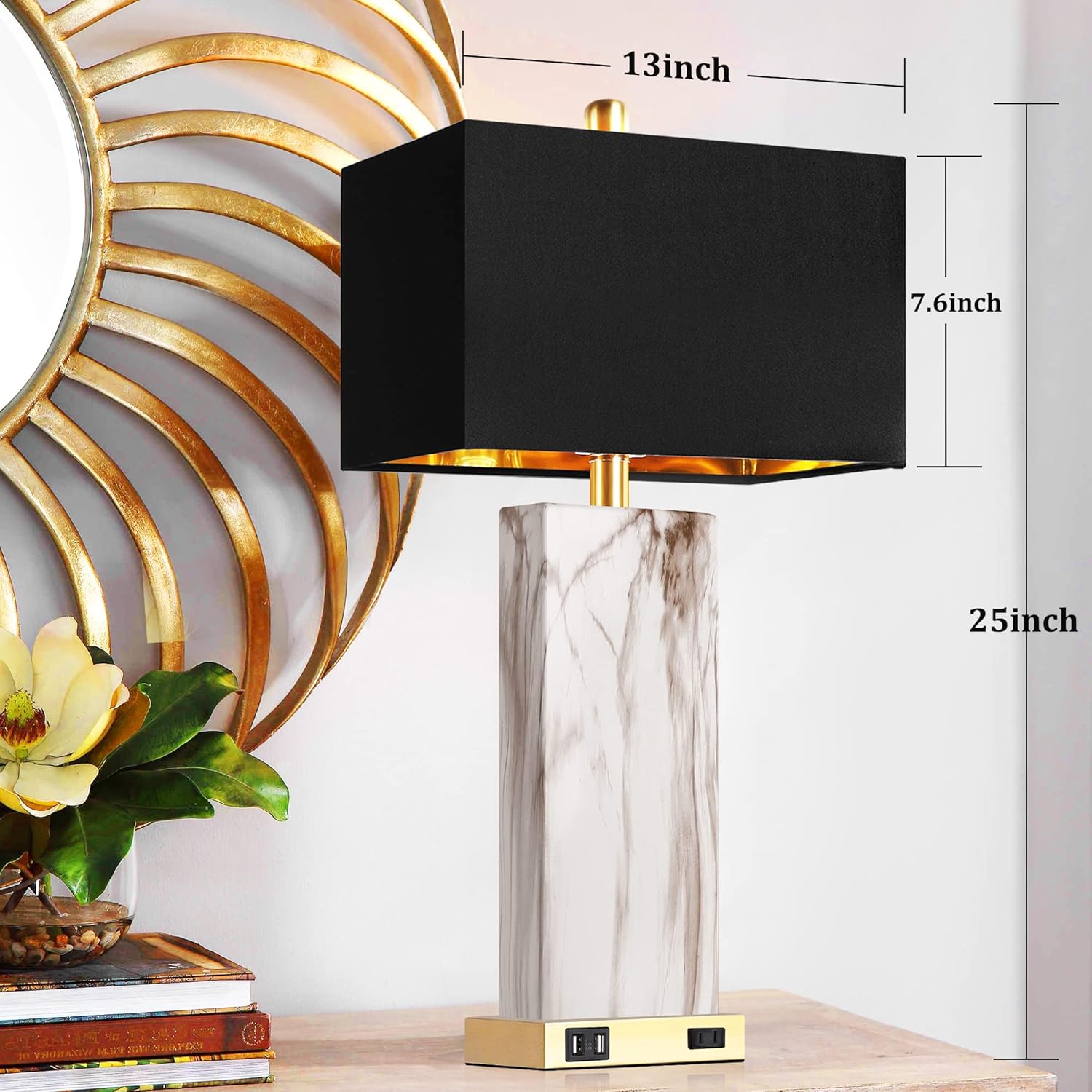 Touch Control Table Lamps Set of 2, Modern Contemporary Bedside Lamp with 2 USB Ports 1 AC Outlet, 3-Way Dimmable Nightstand Lamp Faux Marble Gold Black Rectangular Shade for Living Room Bedroom - Image 6