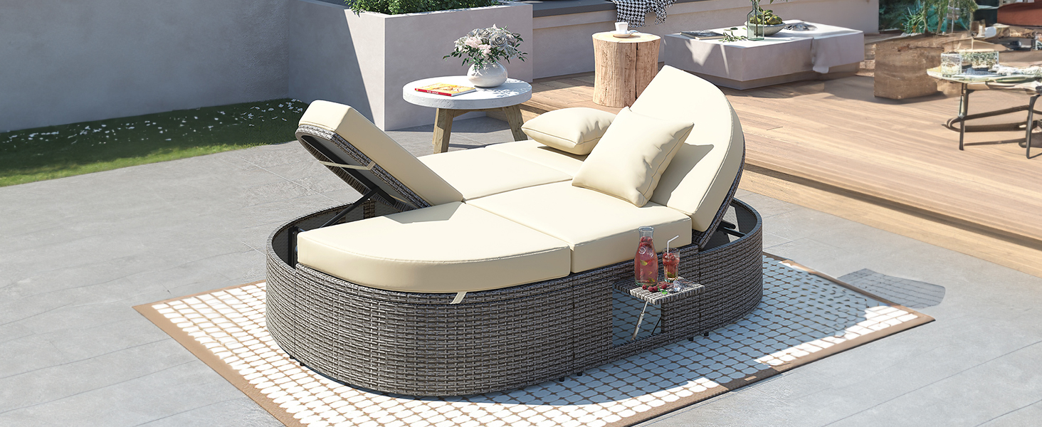 TOPMAX Outdoor Sun Bed Patio 2-Person Daybed with Cushions and Pillows, Rattan Garden Reclining Chaise Lounge with Adjustable Backrests and Foldable Cup Trays for Lawn, Poolside, Beige - Image 3
