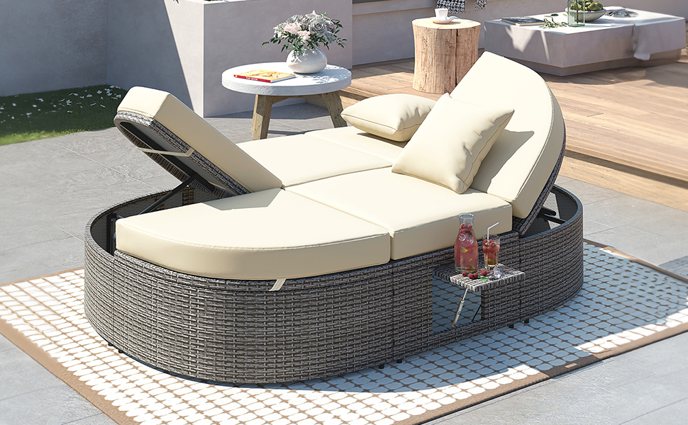 TOPMAX Outdoor Sun Bed Patio 2-Person Daybed with Cushions and Pillows, Rattan Garden Reclining Chaise Lounge with Adjustable Backrests and Foldable Cup Trays for Lawn, Poolside, Beige - Image 4