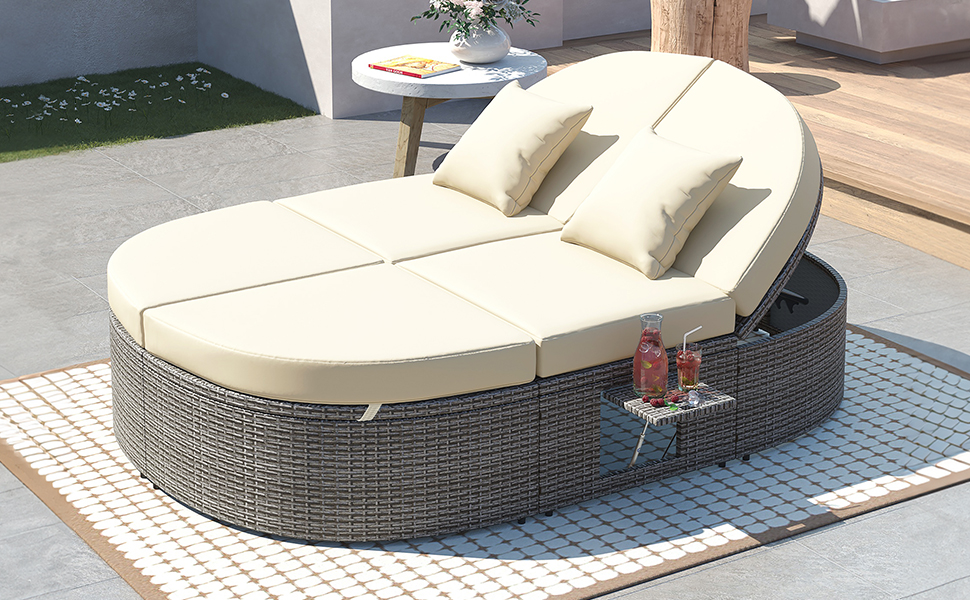 TOPMAX Outdoor Sun Bed Patio 2-Person Daybed with Cushions and Pillows, Rattan Garden Reclining Chaise Lounge with Adjustable Backrests and Foldable Cup Trays for Lawn, Poolside, Beige - Image 5