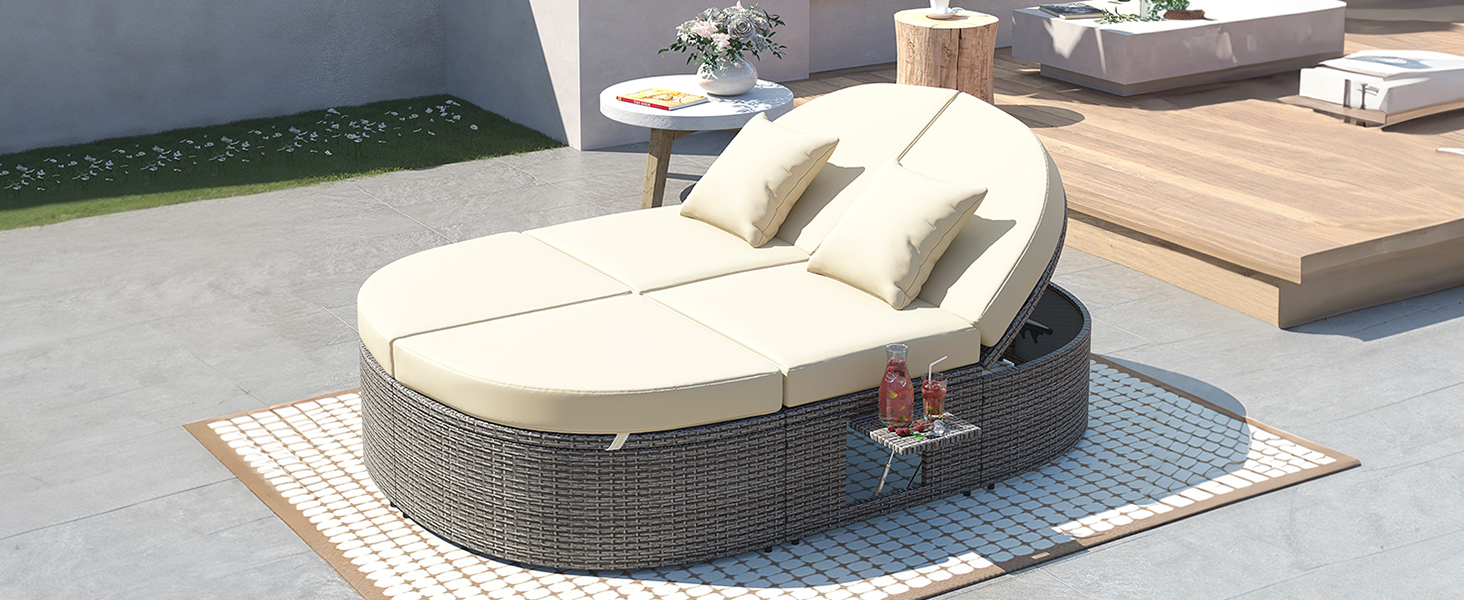 TOPMAX Outdoor Sun Bed Patio 2-Person Daybed with Cushions and Pillows, Rattan Garden Reclining Chaise Lounge with Adjustable Backrests and Foldable Cup Trays for Lawn, Poolside, Beige - Image 6
