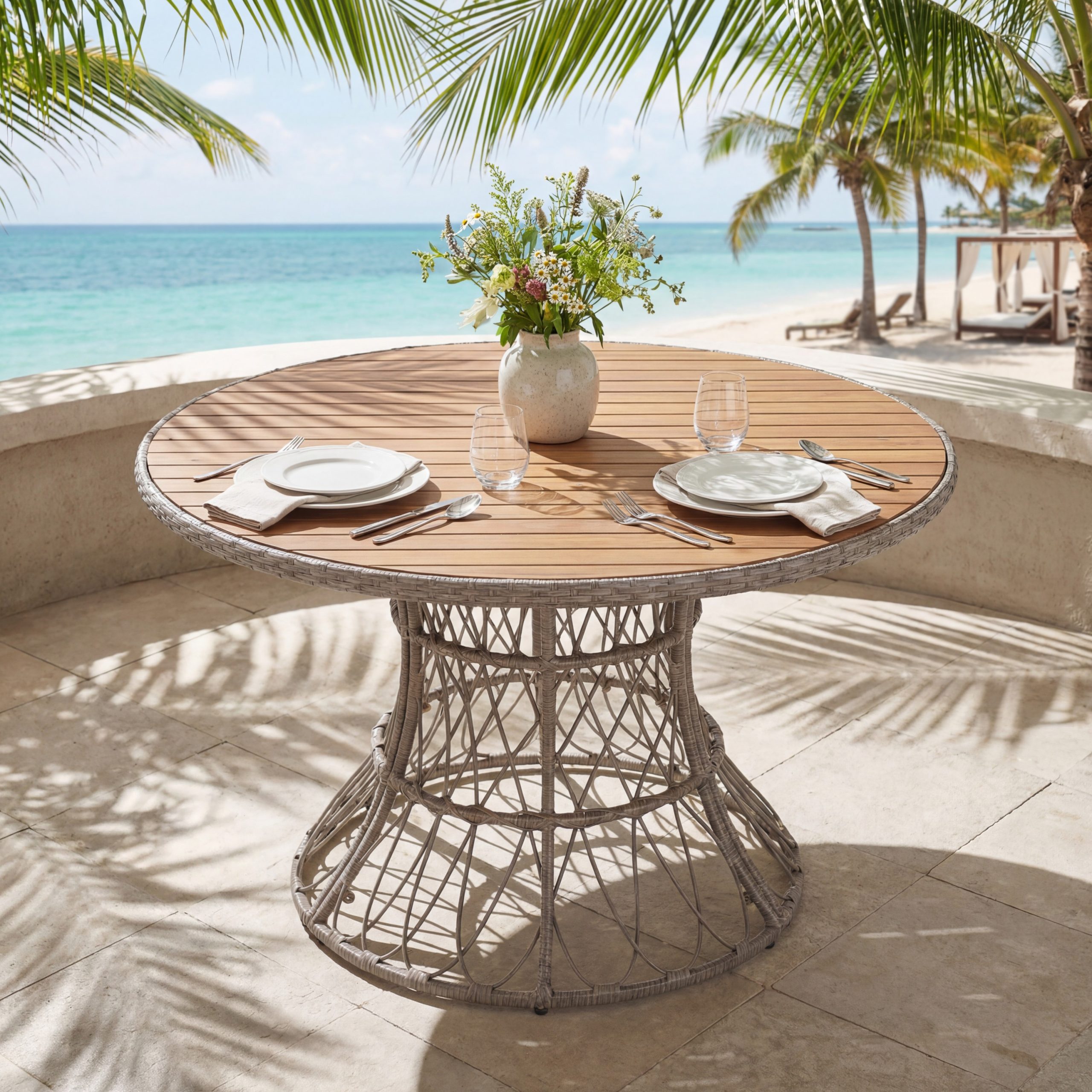 Durable Outdoor Dining Table - Round Acacia Wood Top & Wicker Base, Brown Patio Table for 4 - 6, Garden Outdoor Furniture (Compatible with Matching Chairs) - Image 2