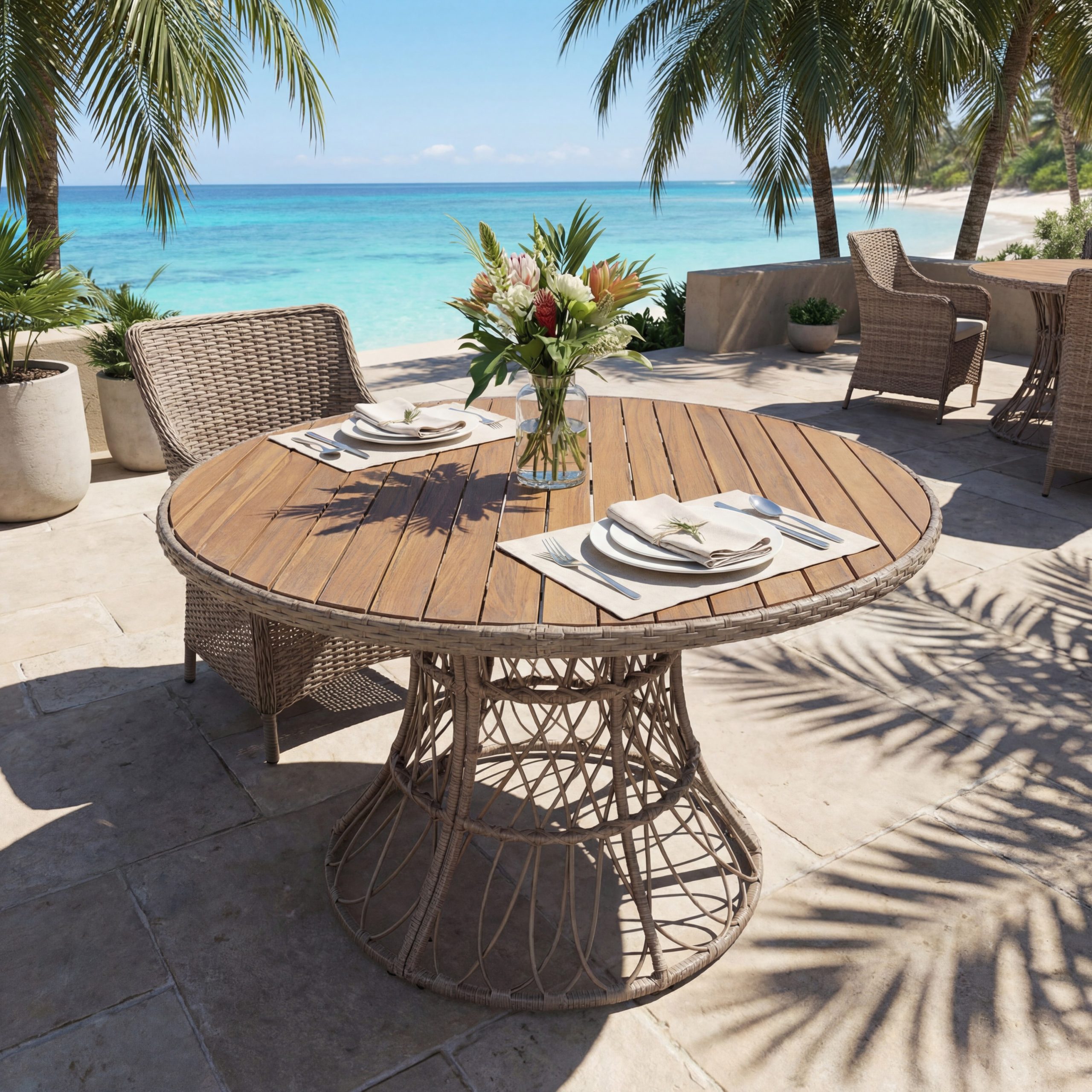 Durable Outdoor Dining Table - Round Acacia Wood Top & Wicker Base, Brown Patio Table for 4 - 6, Garden Outdoor Furniture (Compatible with Matching Chairs) - Image 5