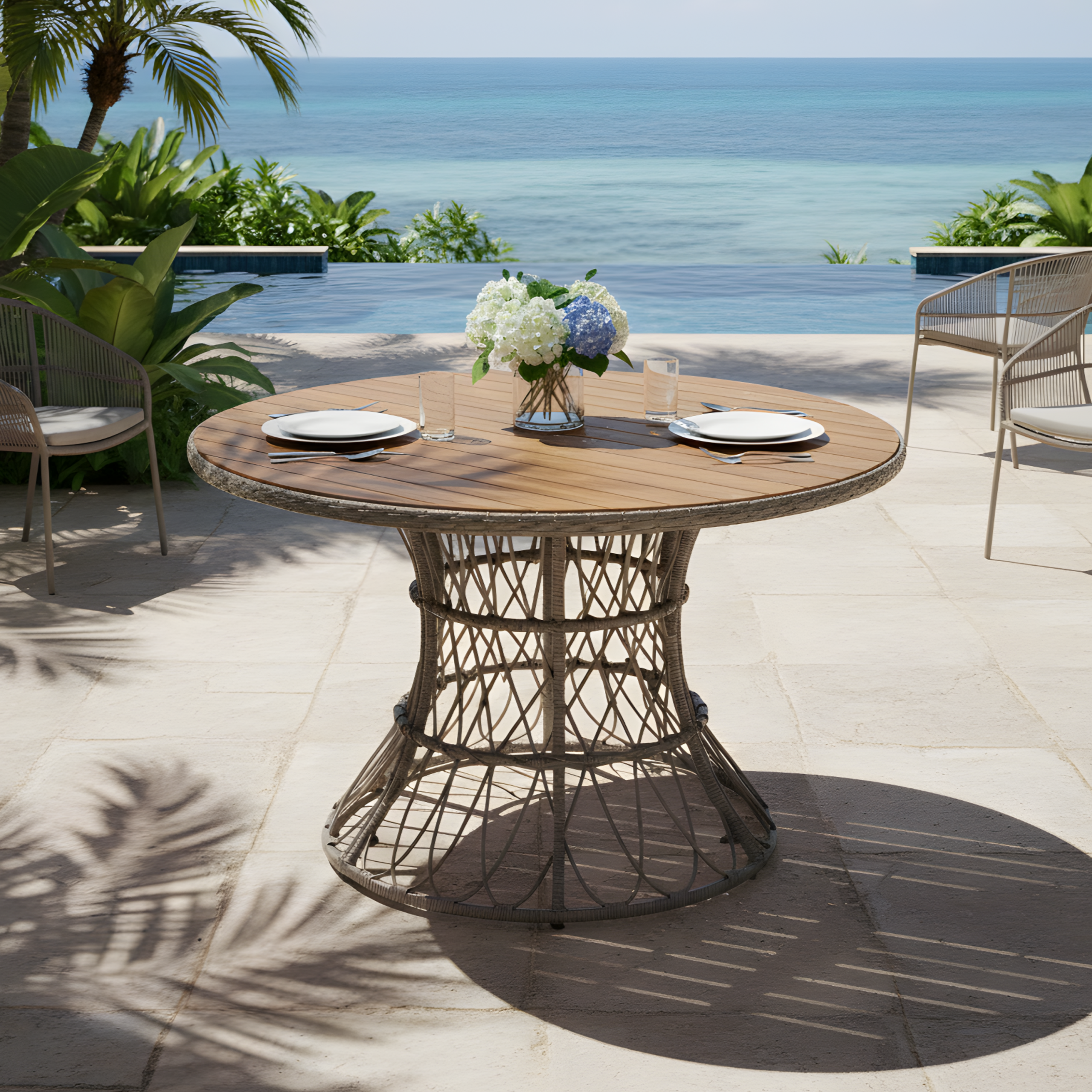 Durable Outdoor Dining Table - Round Acacia Wood Top & Wicker Base, Brown Patio Table for 4 - 6, Garden Outdoor Furniture (Compatible with Matching Chairs) - Image 6