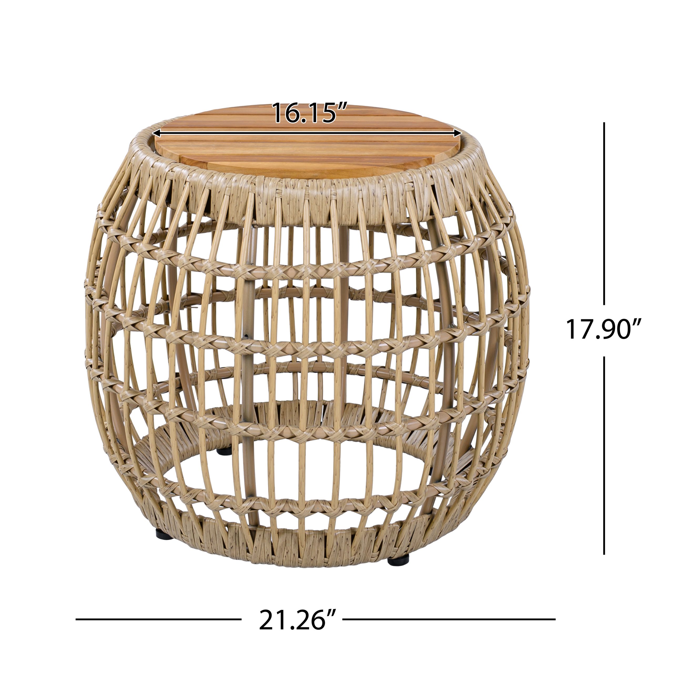Acacia Wood Outdoor Side Table with Wicker Base - Light Brown, Round 16.15" Outdoor Accent for Patio, Garden, Balcony & Indoor Use - Image 2