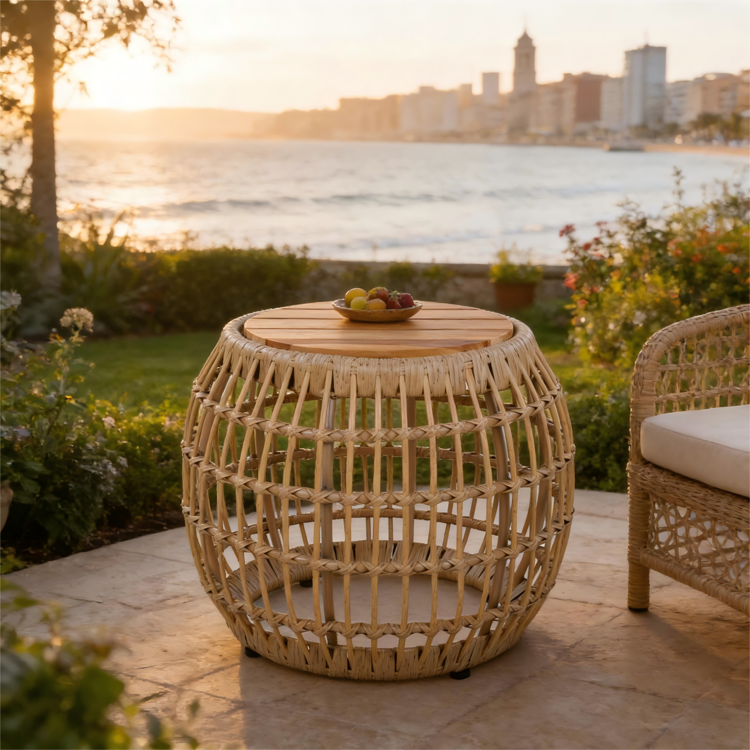 Acacia Wood Outdoor Side Table with Wicker Base - Light Brown, Round 16.15" Outdoor Accent for Patio, Garden, Balcony & Indoor Use - Image 3