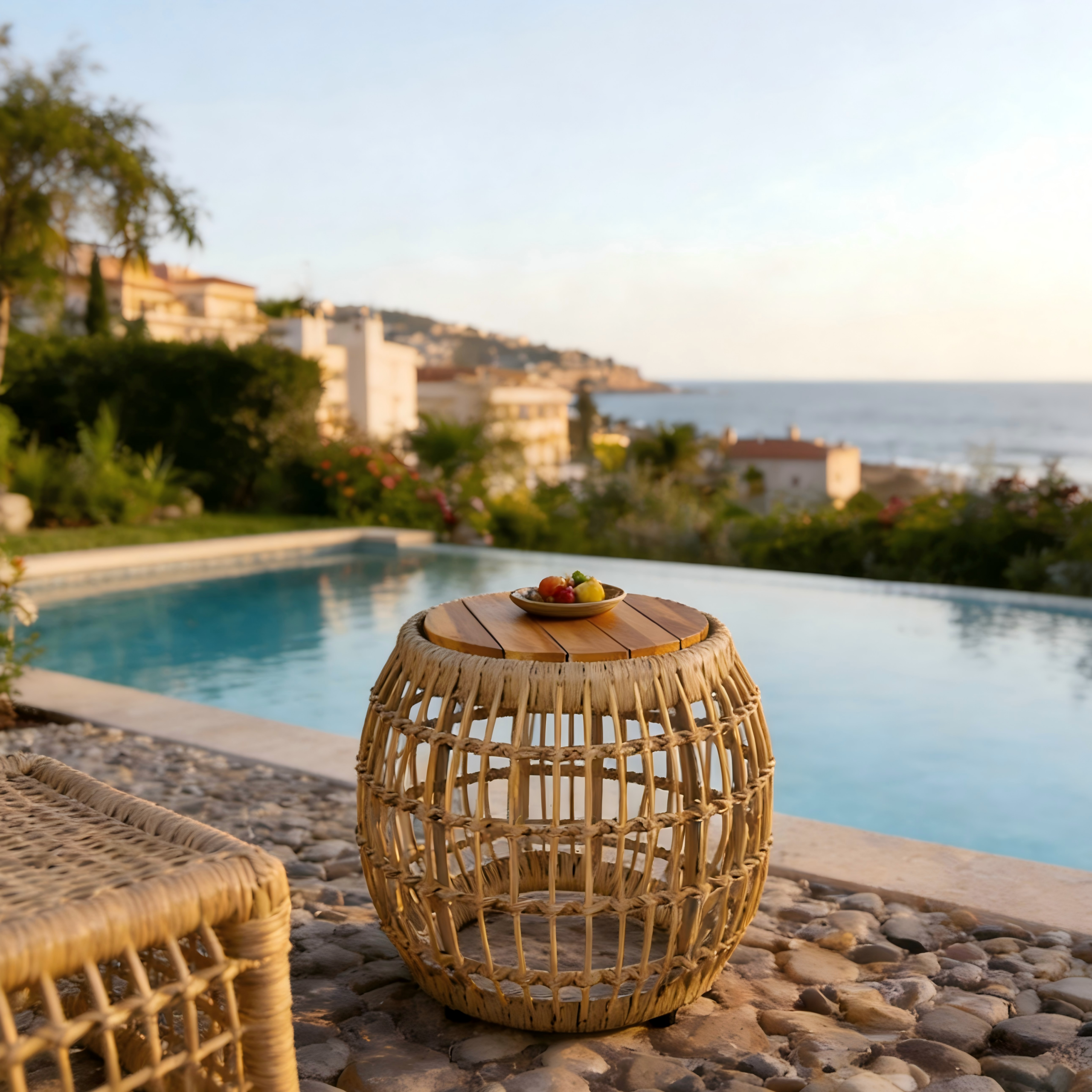 Acacia Wood Outdoor Side Table with Wicker Base - Light Brown, Round 16.15" Outdoor Accent for Patio, Garden, Balcony & Indoor Use - Image 4