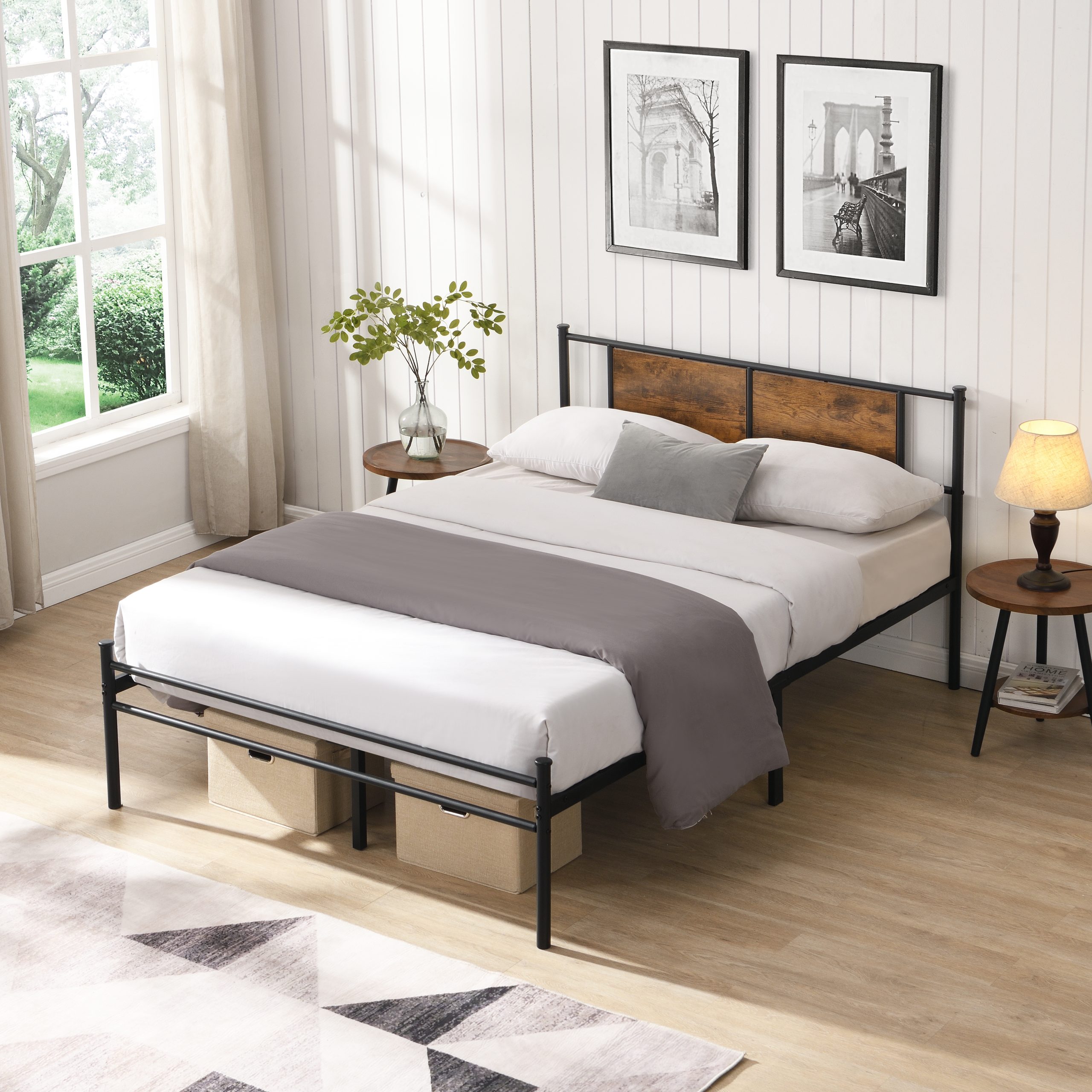 California King Bed Frames ,Headboard with wood panel decoration,black - Image 2
