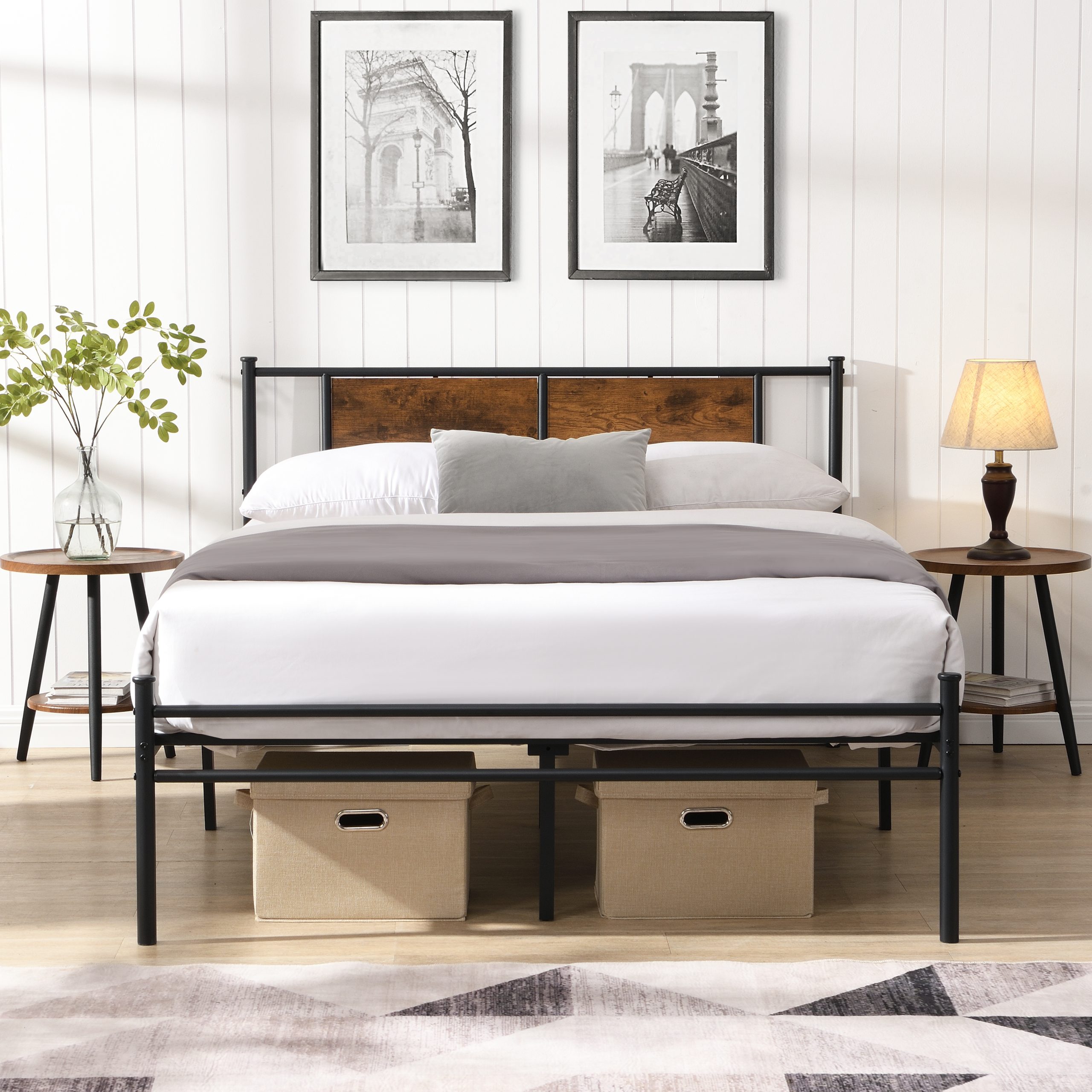 California King Bed Frames ,Headboard with wood panel decoration,black - Image 3