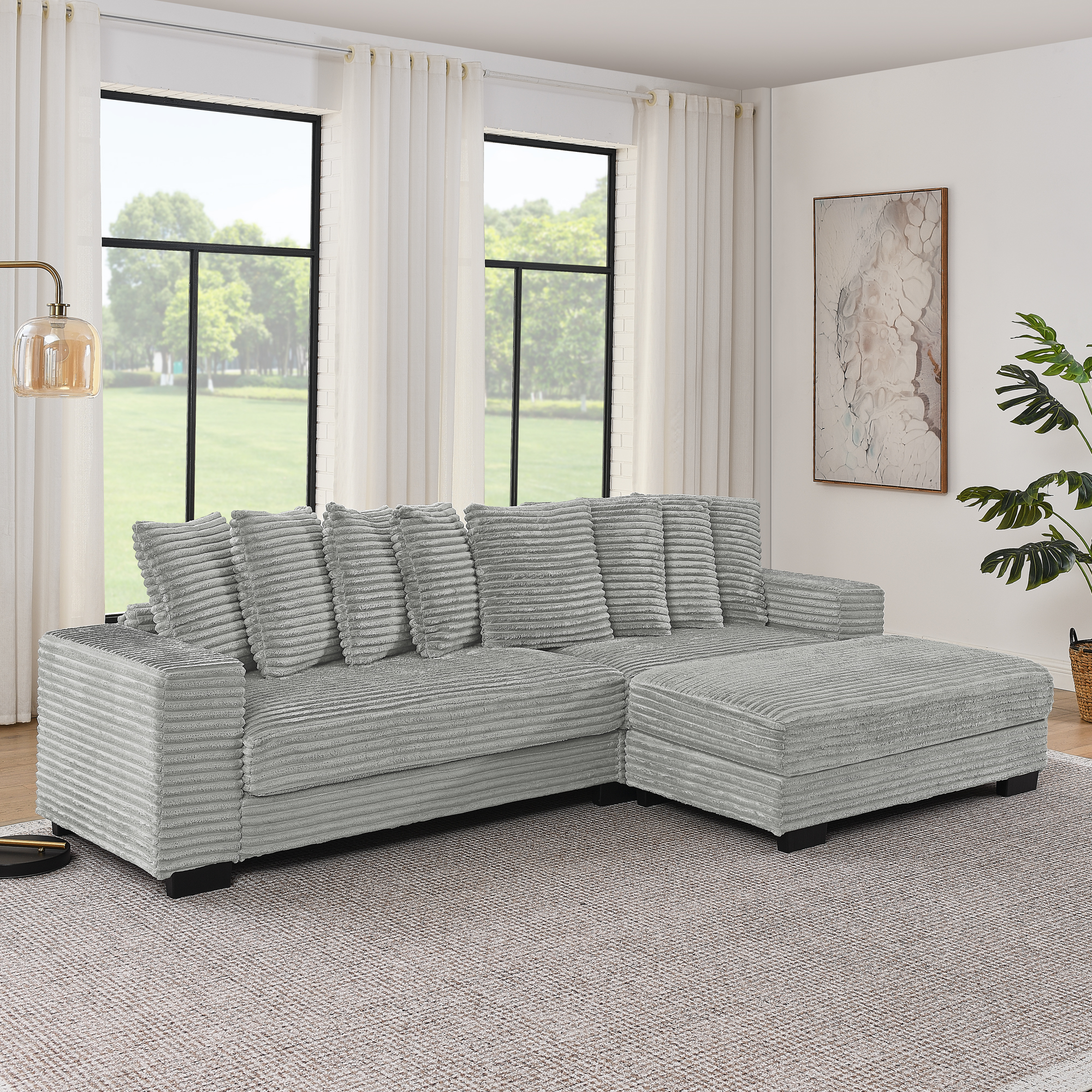 Corduroy Tufted Upholstered Sleeper Sectional Sofa, L-Shaped Modular Convertible Sofa , Can freely change the position of the footrests-Gray(Assembly is required) - Image 1