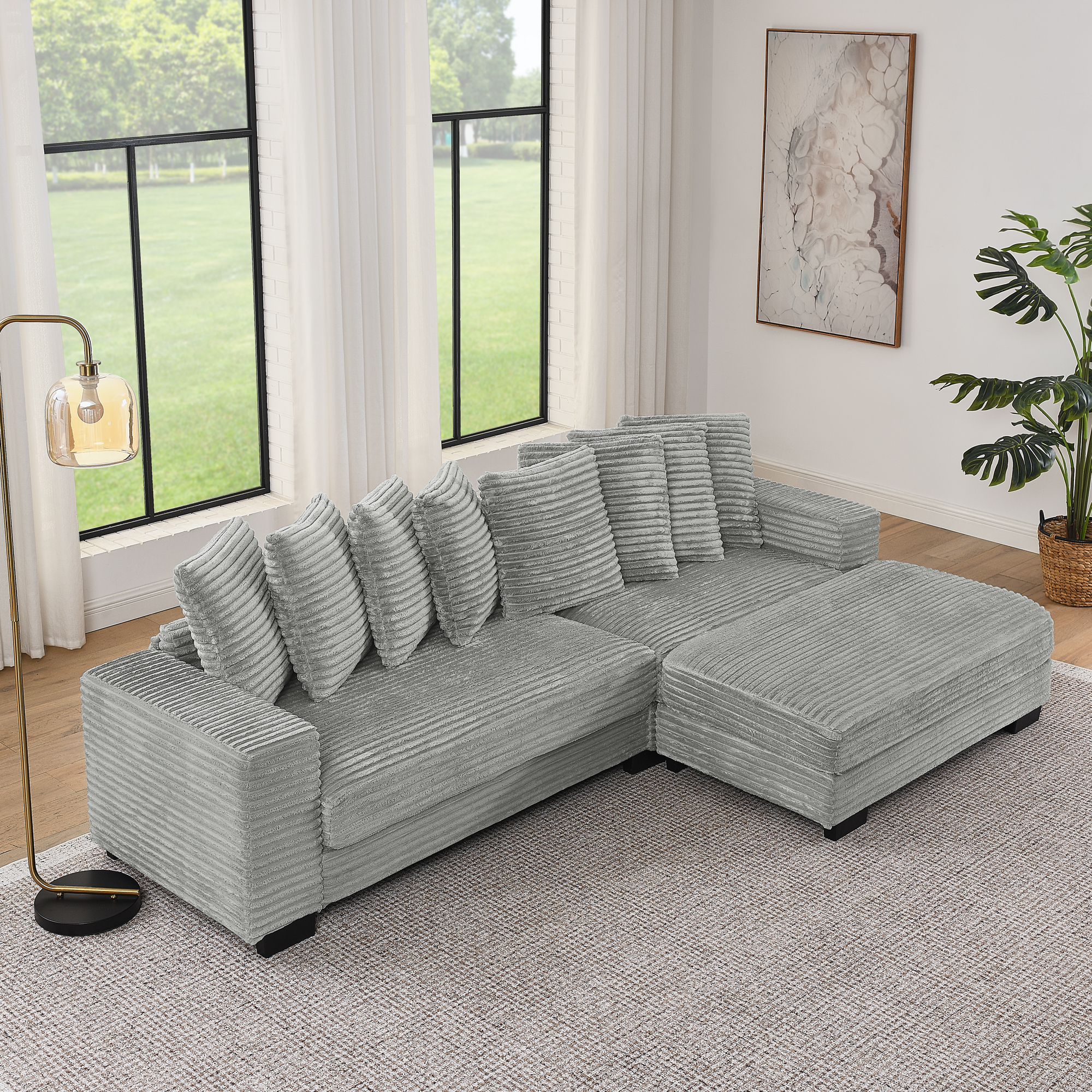 Corduroy Tufted Upholstered Sleeper Sectional Sofa, L-Shaped Modular Convertible Sofa , Can freely change the position of the footrests-Gray(Assembly is required) - Image 2