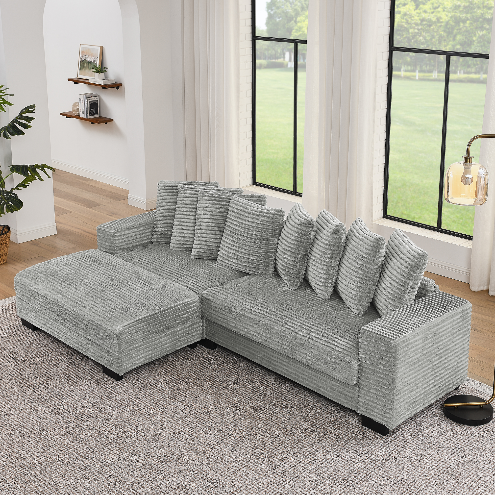 Corduroy Tufted Upholstered Sleeper Sectional Sofa, L-Shaped Modular Convertible Sofa , Can freely change the position of the footrests-Gray(Assembly is required) - Image 4