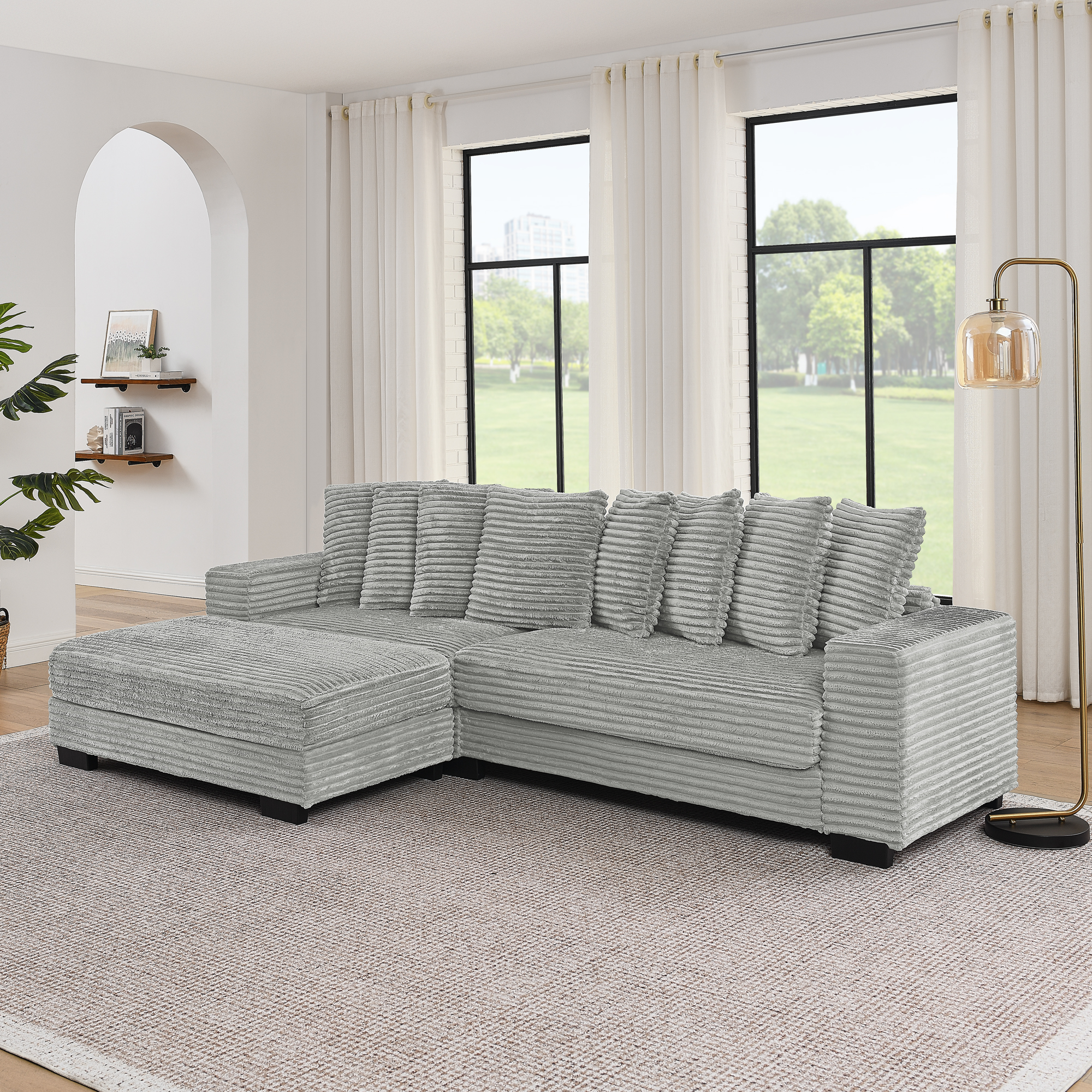 Corduroy Tufted Upholstered Sleeper Sectional Sofa, L-Shaped Modular Convertible Sofa , Can freely change the position of the footrests-Gray(Assembly is required) - Image 5
