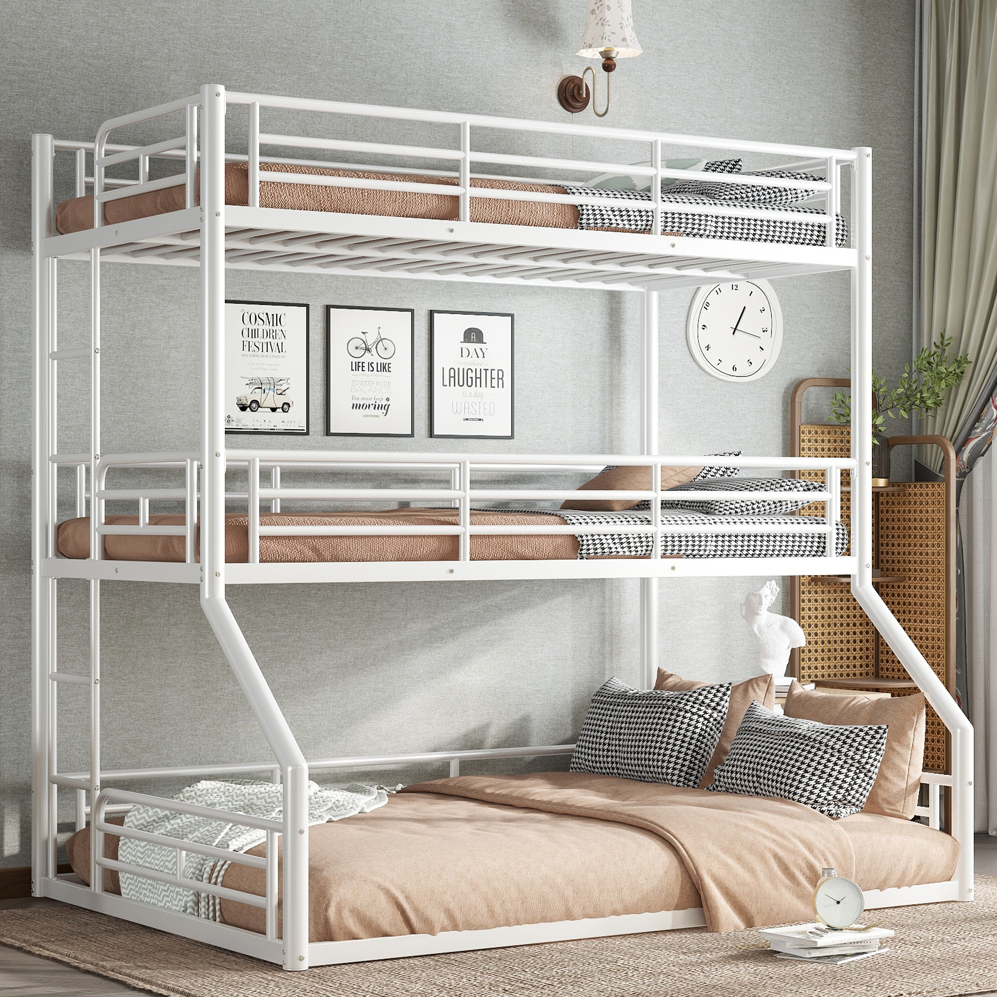 Twin over Twin over Full Bunk Bed, Metal Triple Bunk Bed with Safety Guardrails, Heavy-duty Bunk Bed with Noise-reduced Design, White - Image 1