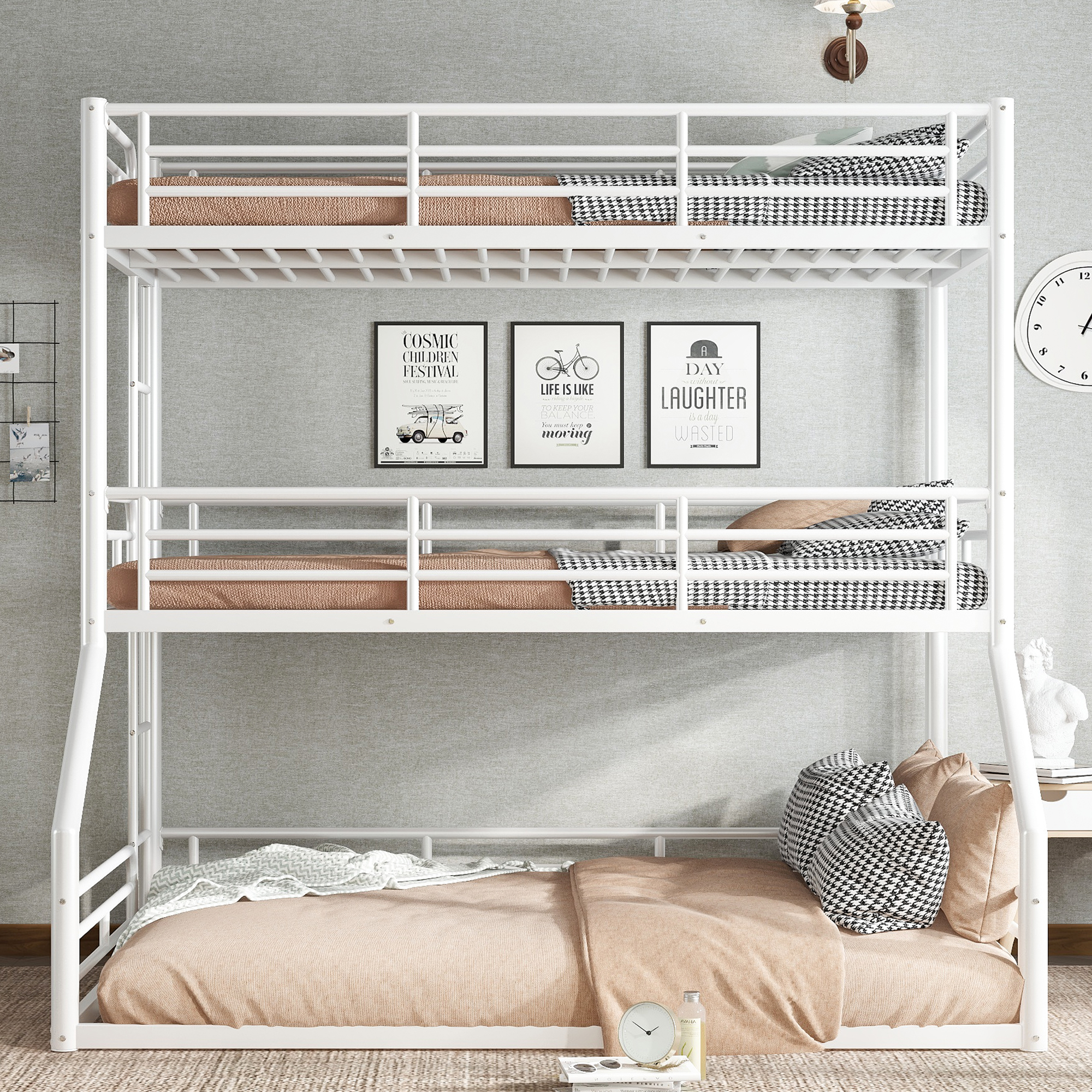 Twin over Twin over Full Bunk Bed, Metal Triple Bunk Bed with Safety Guardrails, Heavy-duty Bunk Bed with Noise-reduced Design, White - Image 2