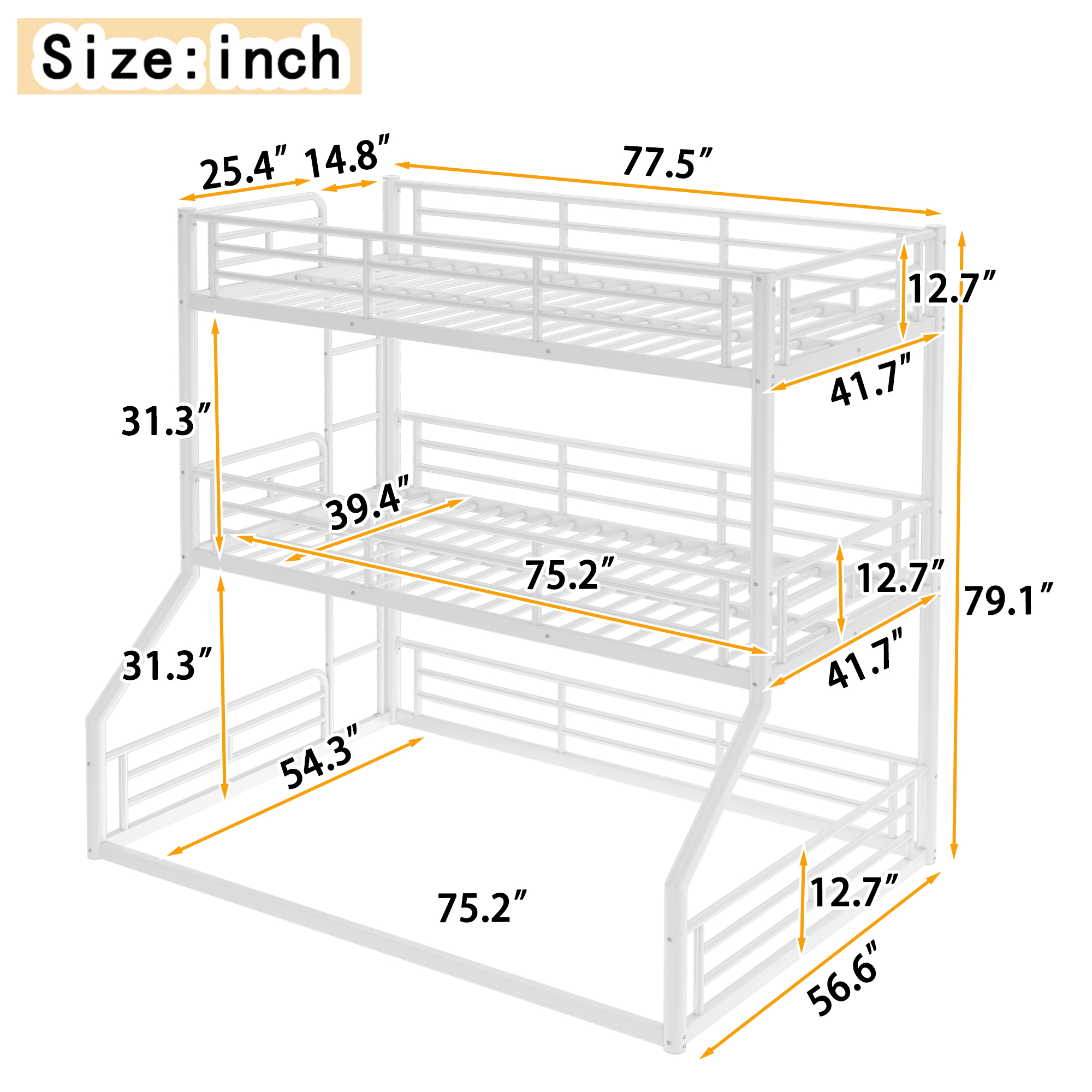 Twin over Twin over Full Bunk Bed, Metal Triple Bunk Bed with Safety Guardrails, Heavy-duty Bunk Bed with Noise-reduced Design, White - Image 3
