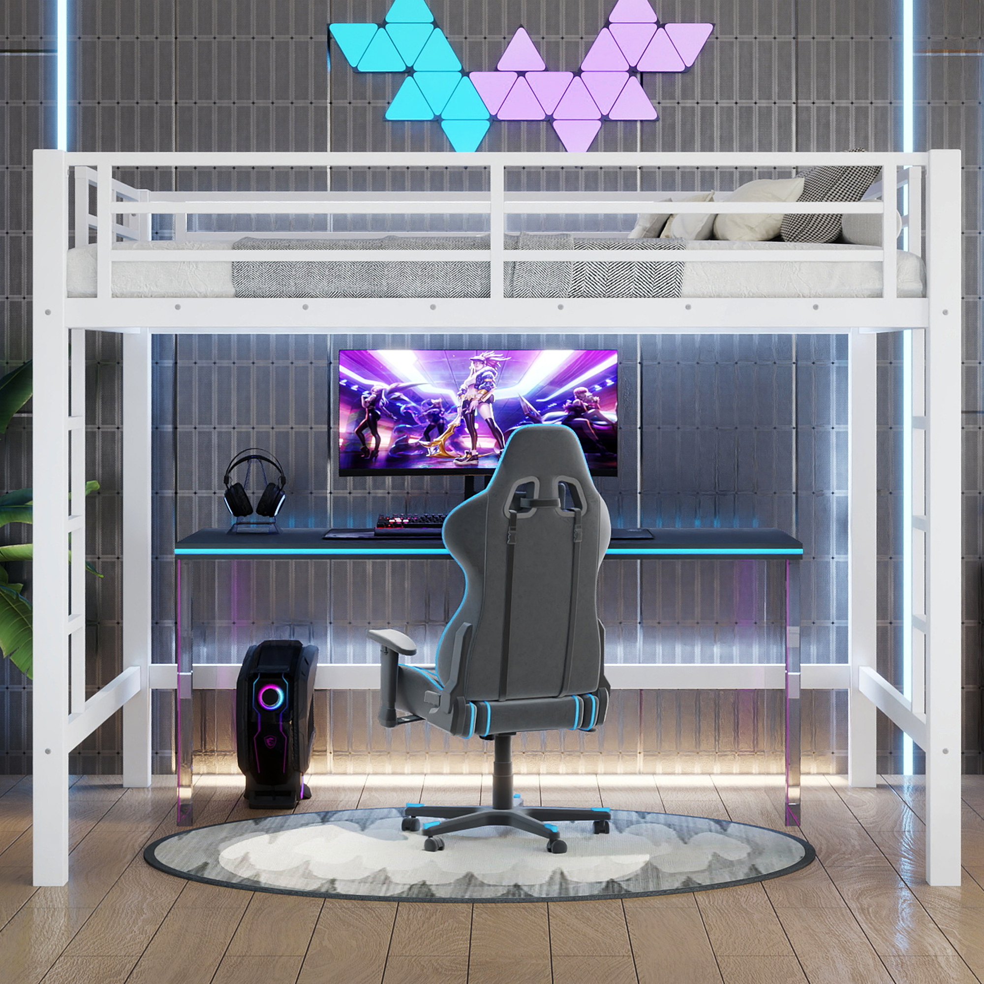 Full Size Metal Loft Bed, Loft Bed with Easy Climbing Ladder and Guardrails , White - Image 2