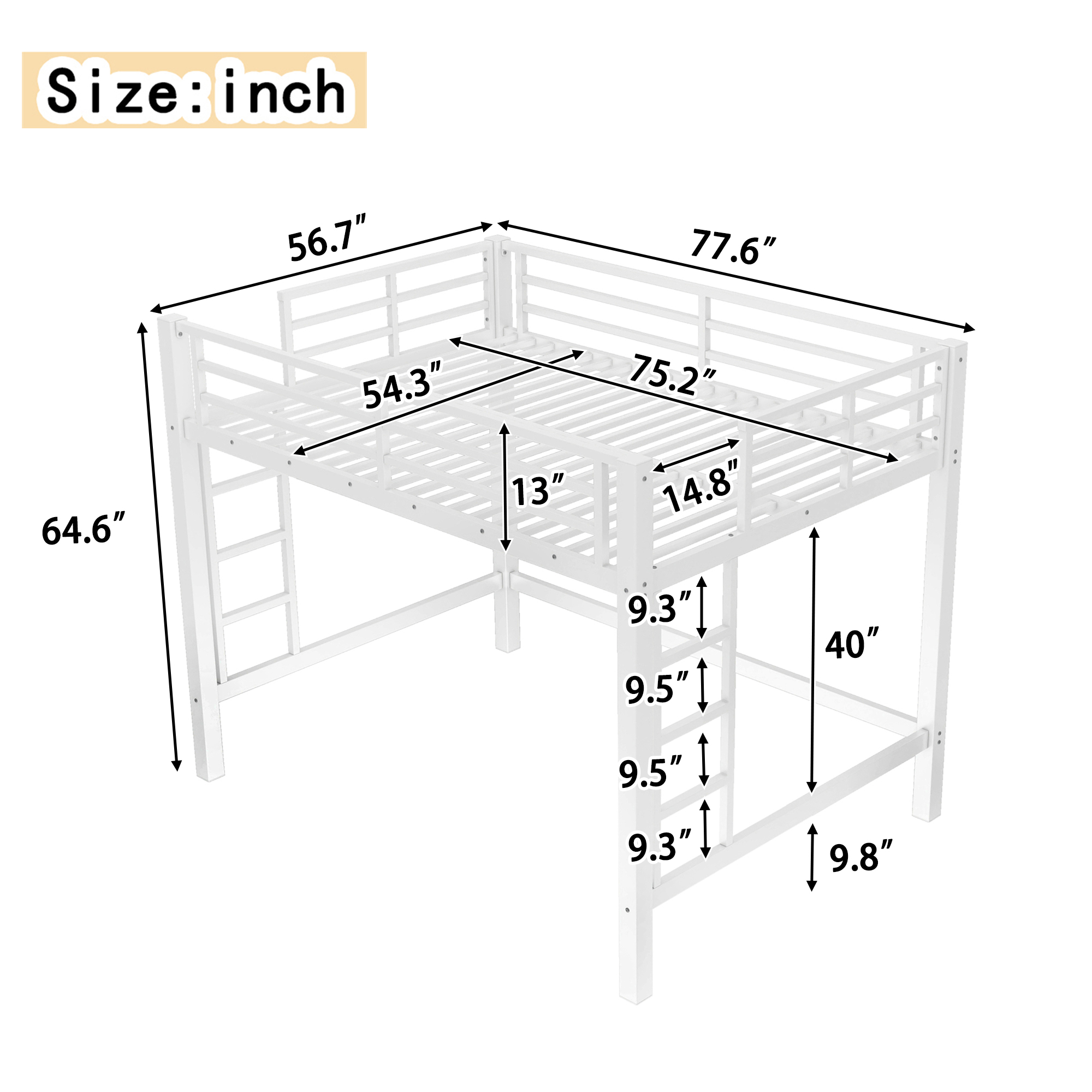 Full Size Metal Loft Bed, Loft Bed with Easy Climbing Ladder and Guardrails , White - Image 3