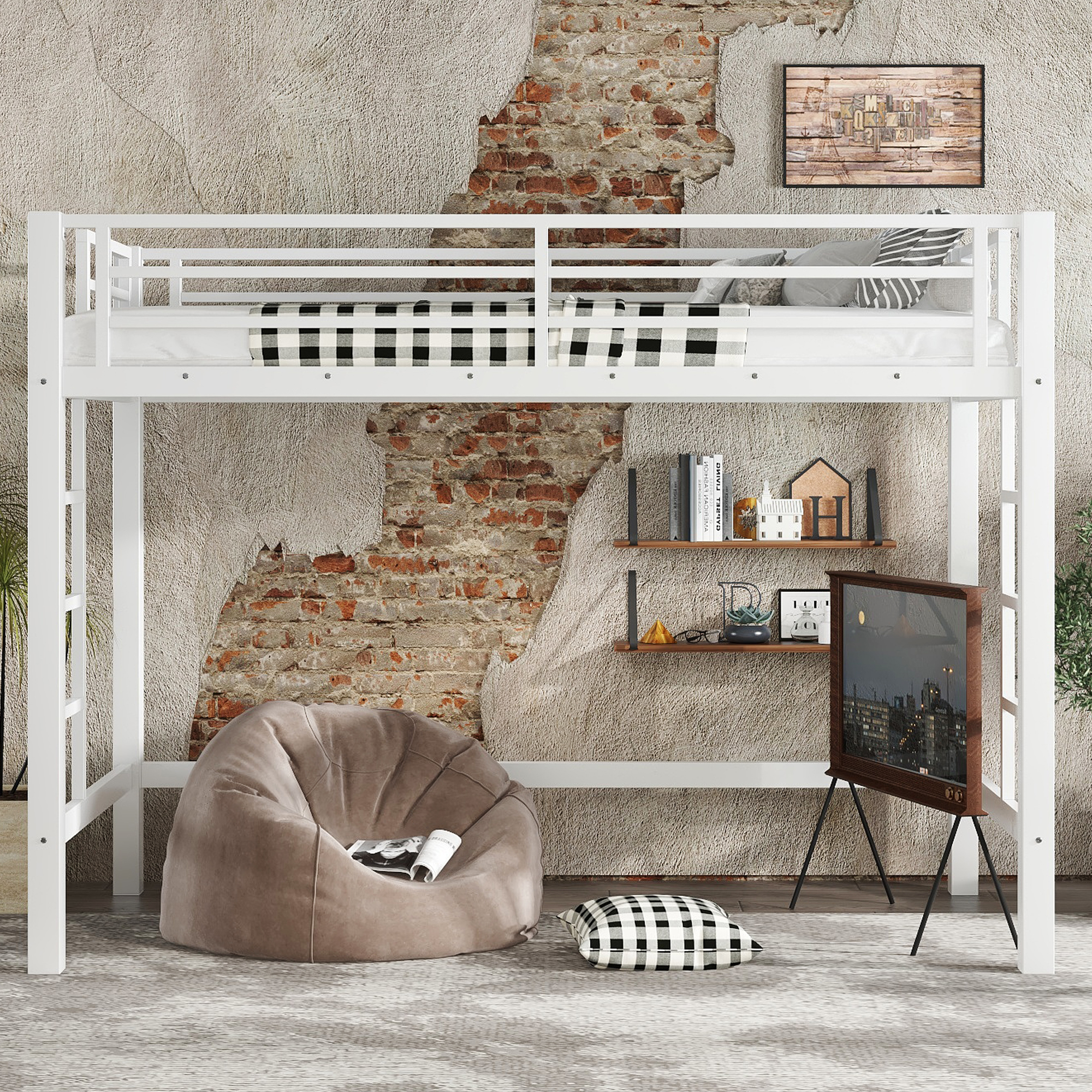 Twin XL Size Metal Loft Bed, Loft Bed with Easy Climbing Ladder and Guardrails , White - Image 2