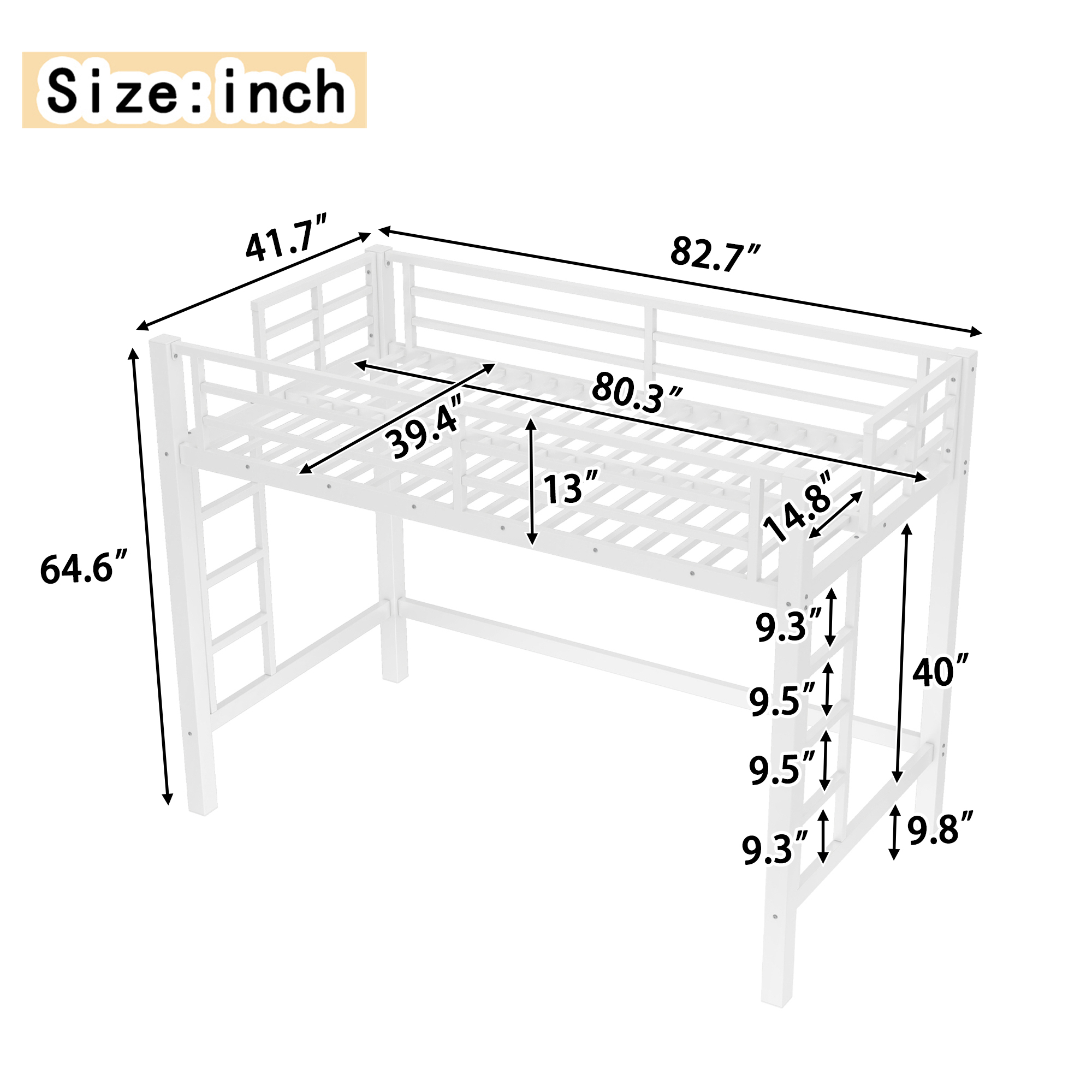 Twin XL Size Metal Loft Bed, Loft Bed with Easy Climbing Ladder and Guardrails , White - Image 3