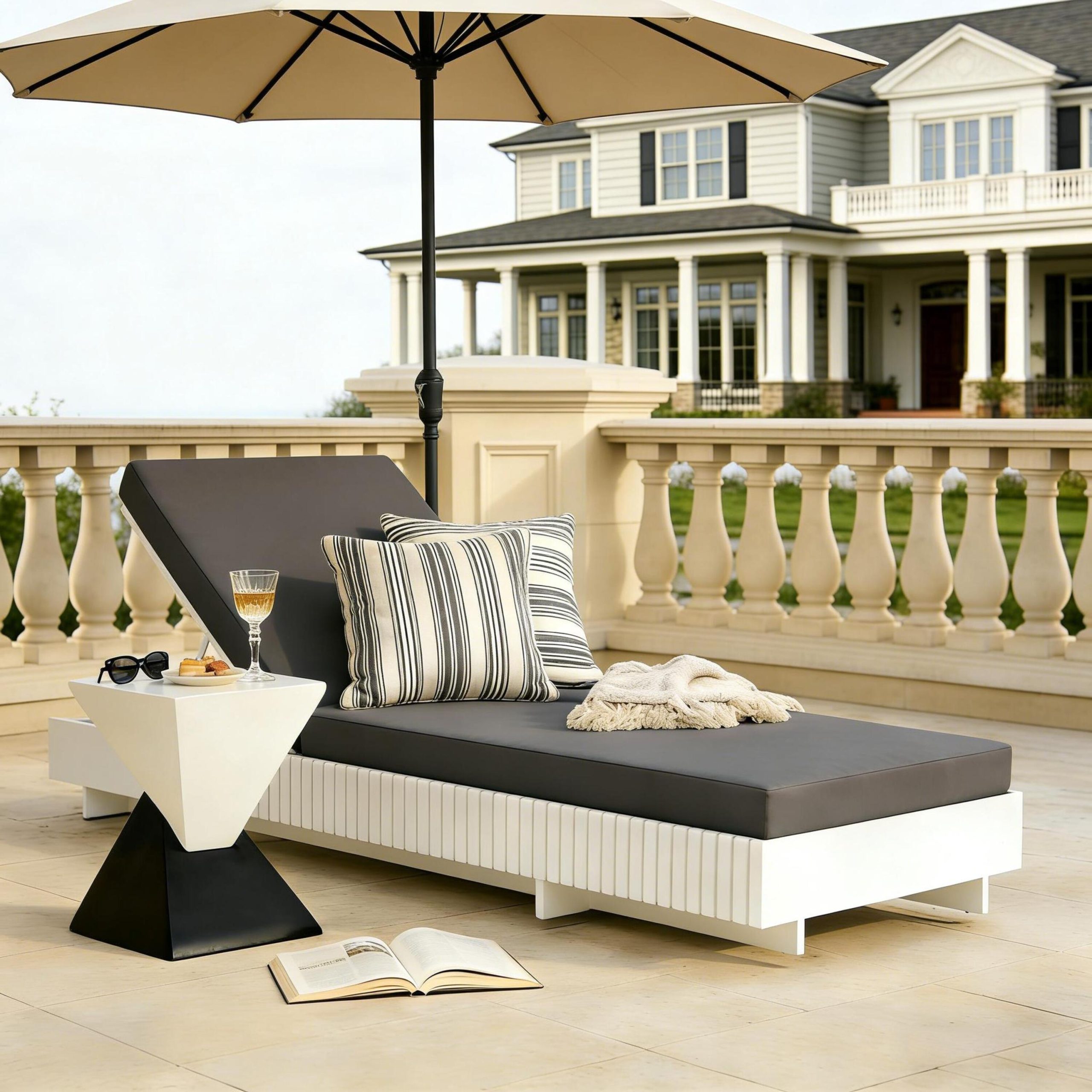 White Acacia Solid Wood Outdoor Chaise Lounge with Dark Grey Water-Repellent Cushion, 400lbs Capacity, Modern Patio Sun Lounger for Garden, Poolside - Image 4