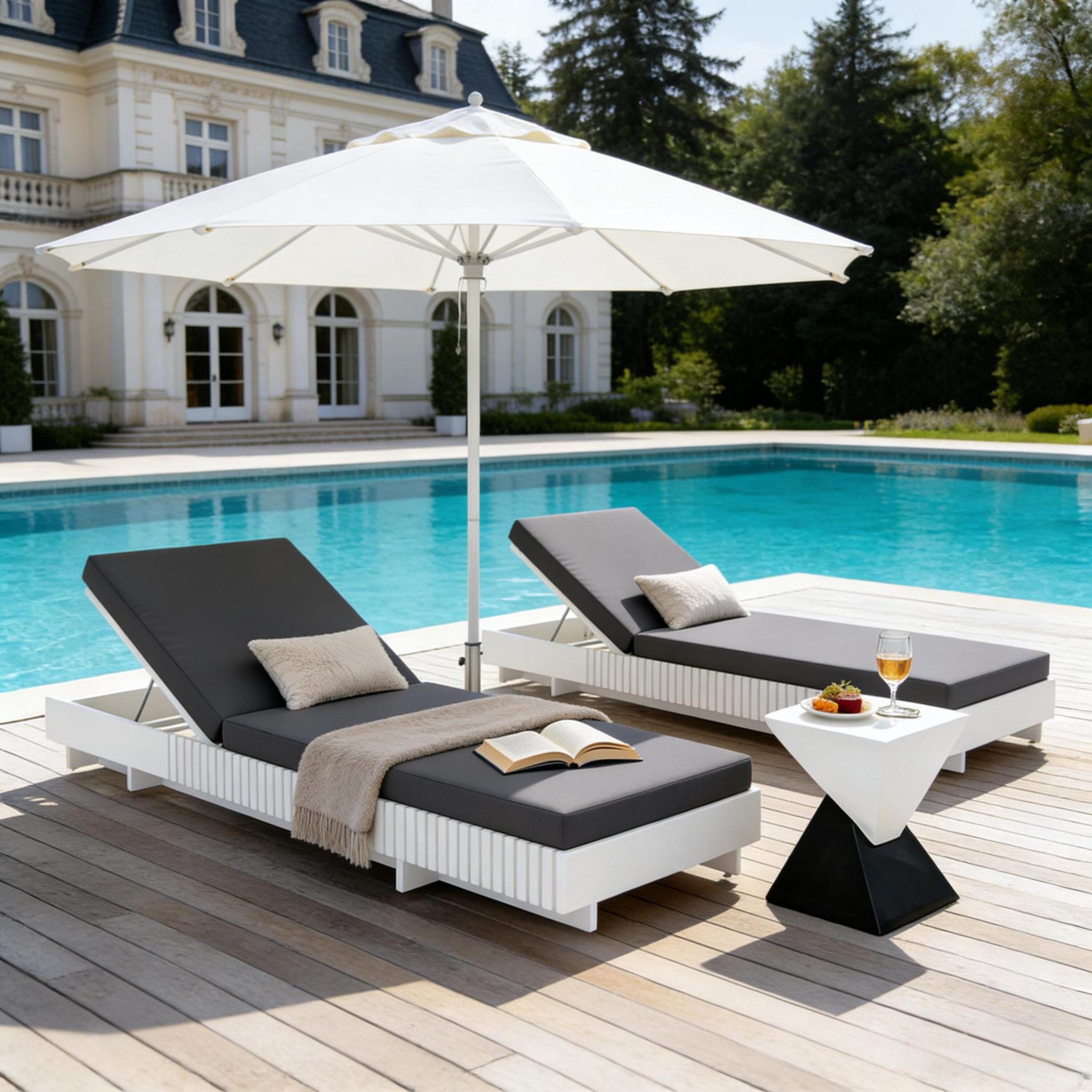 White Acacia Solid Wood Outdoor Chaise Lounge with Dark Grey Water-Repellent Cushion, 400lbs Capacity, Modern Patio Sun Lounger for Garden, Poolside - Image 6