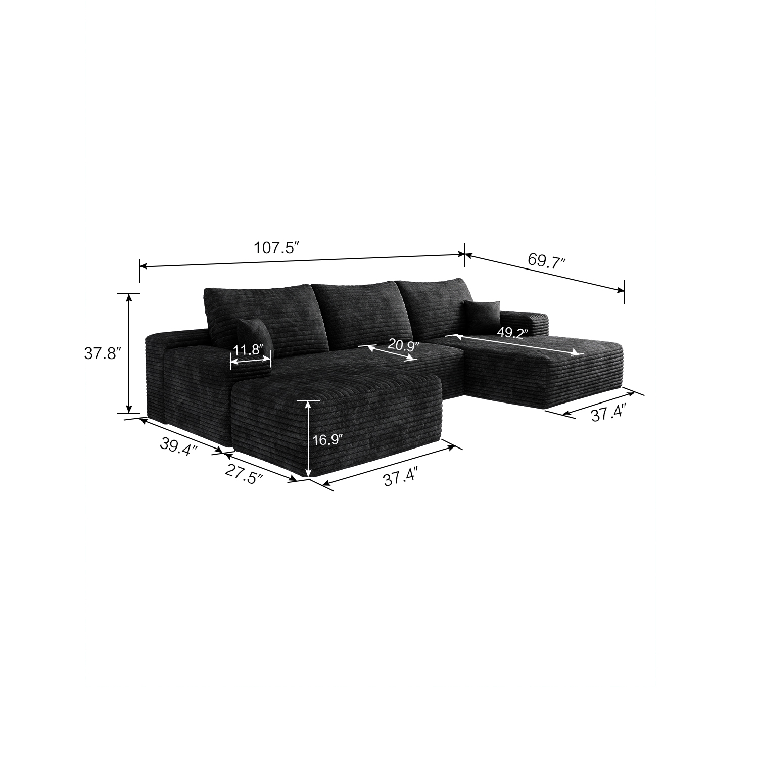 107" Cloud Sectional Sofa with 1 Ottoman,Modern Minimalist Upholstered Couches,Comfort U Shaped Sofa for Living Room,Deep Seat Corner Couch,No Assembly Required,Black (Plush Corduroy Fabric) - Image 6
