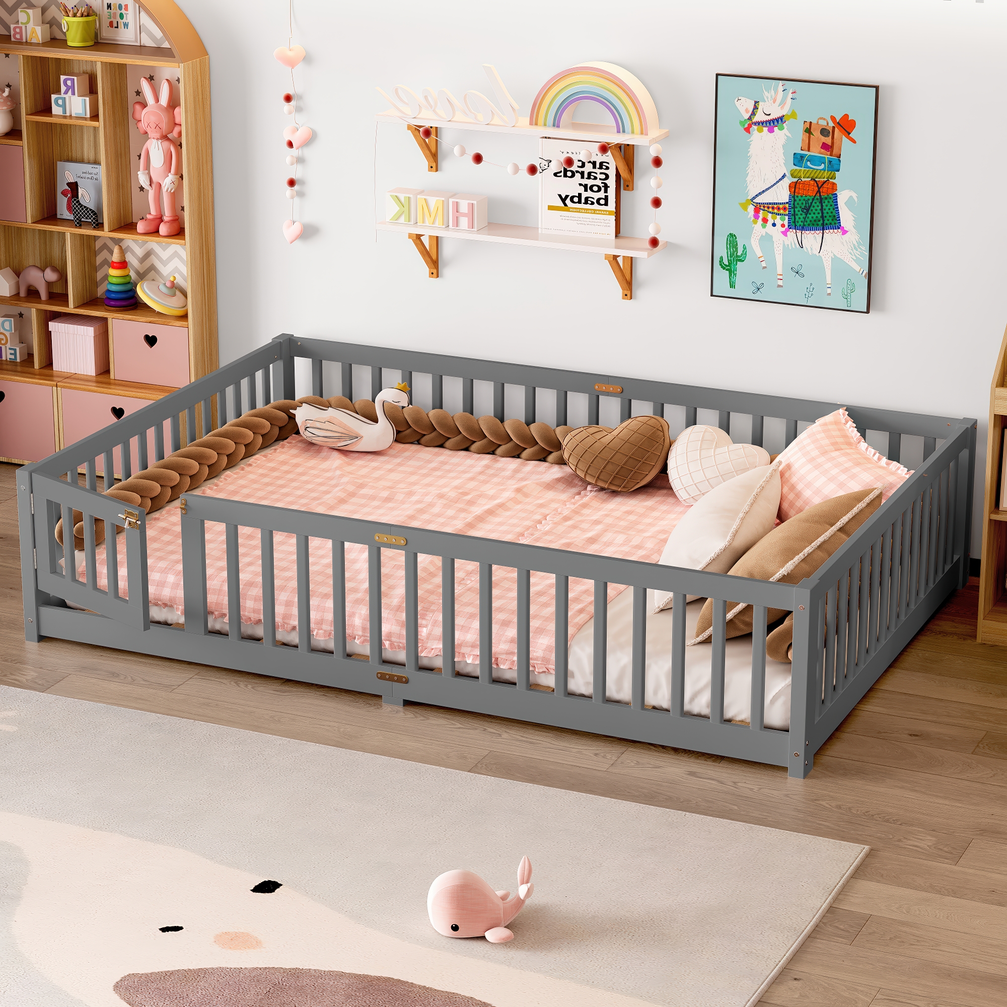 Queen Size Bed Floor Bed with Safety Guardrails and Door for Kids, Gray - Image 2