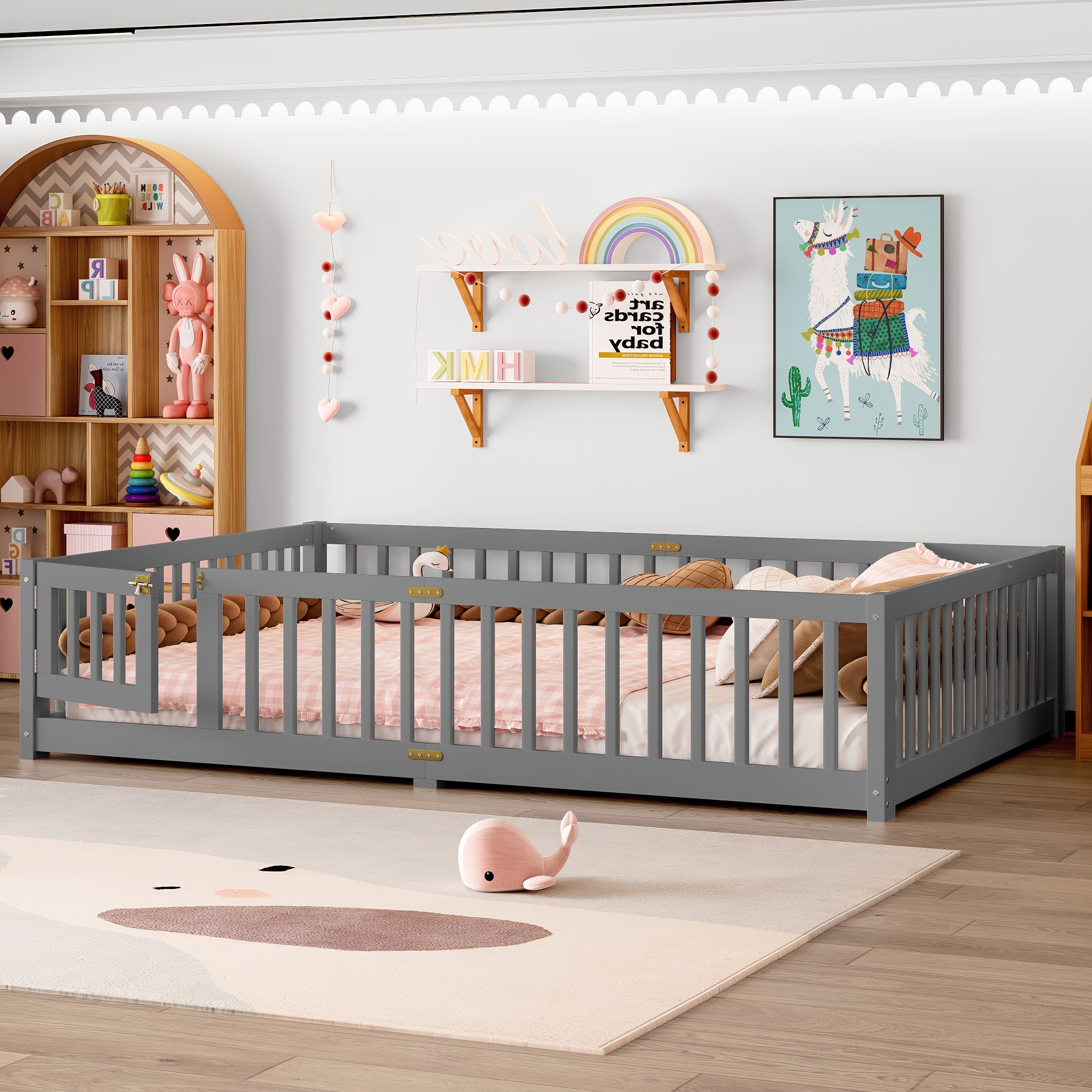 Queen Size Bed Floor Bed with Safety Guardrails and Door for Kids, Gray - Image 3