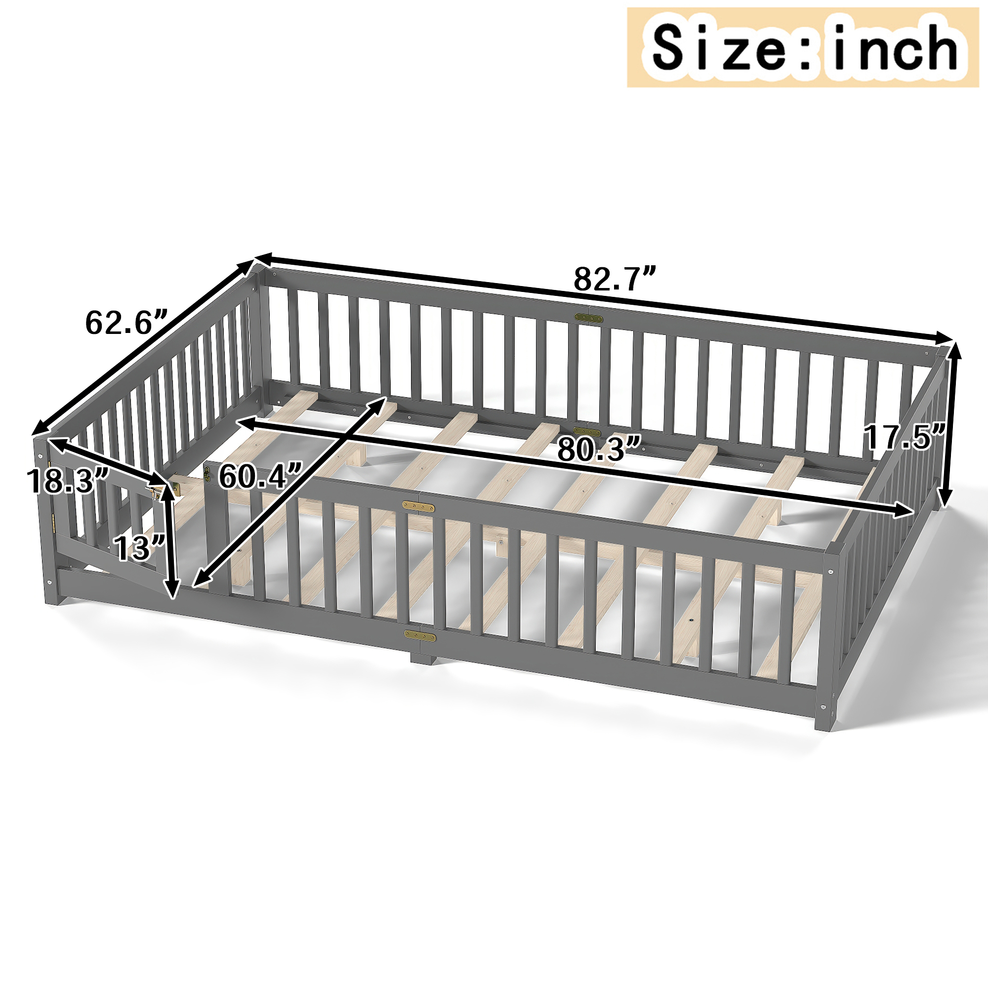 Queen Size Bed Floor Bed with Safety Guardrails and Door for Kids, Gray - Image 4