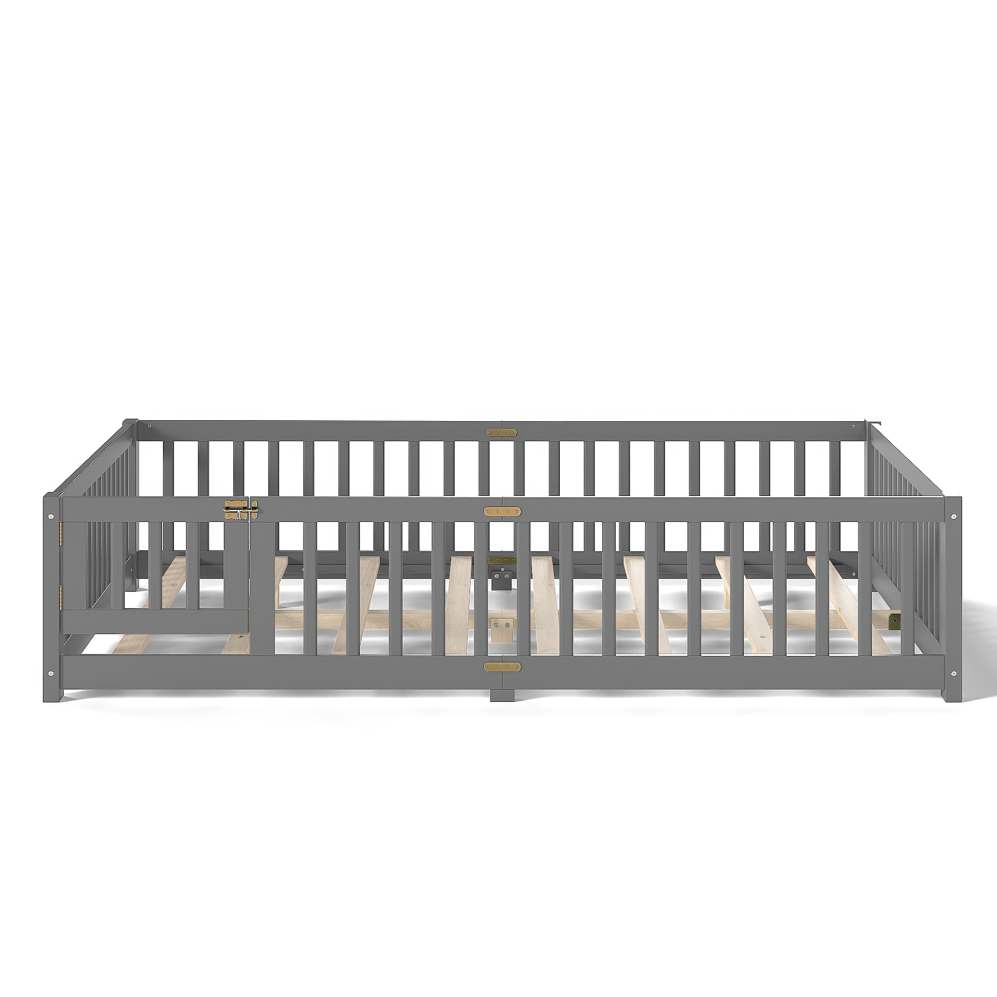 Queen Size Bed Floor Bed with Safety Guardrails and Door for Kids, Gray - Image 5