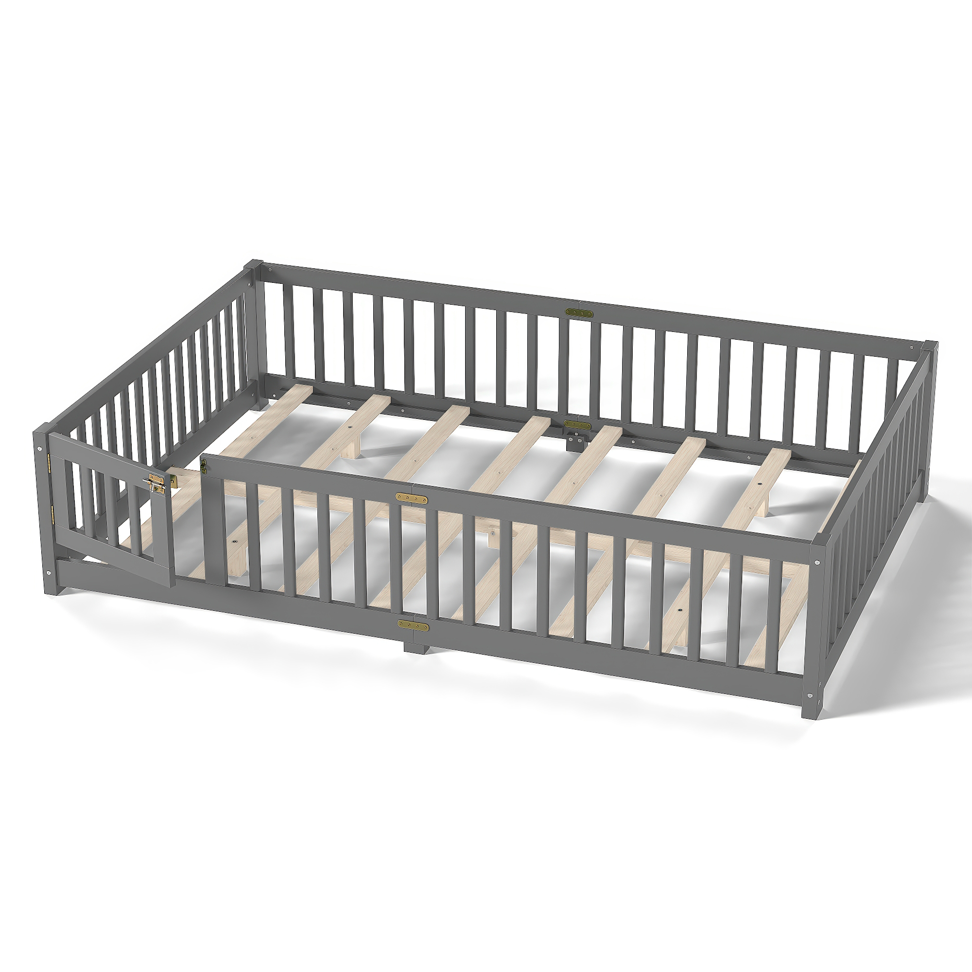 Queen Size Bed Floor Bed with Safety Guardrails and Door for Kids, Gray - Image 6
