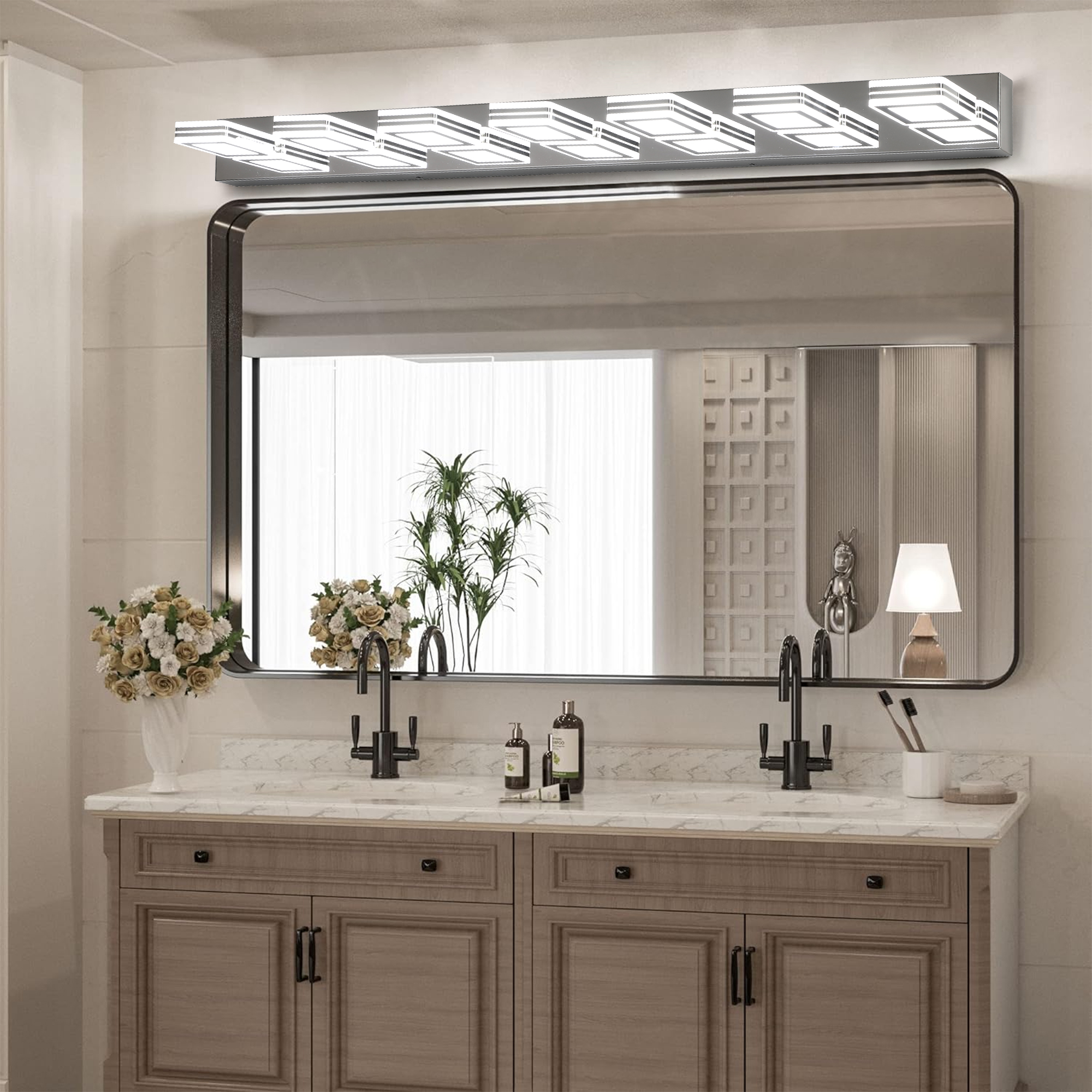(Same as W1340142519/L2007-G-7) 45" Modern Chrome 7-Light LED Vanity Light, Square Acrylic Lampshades Wall Mount Fixture for Bathroom, Mirror Lighting - Image 2