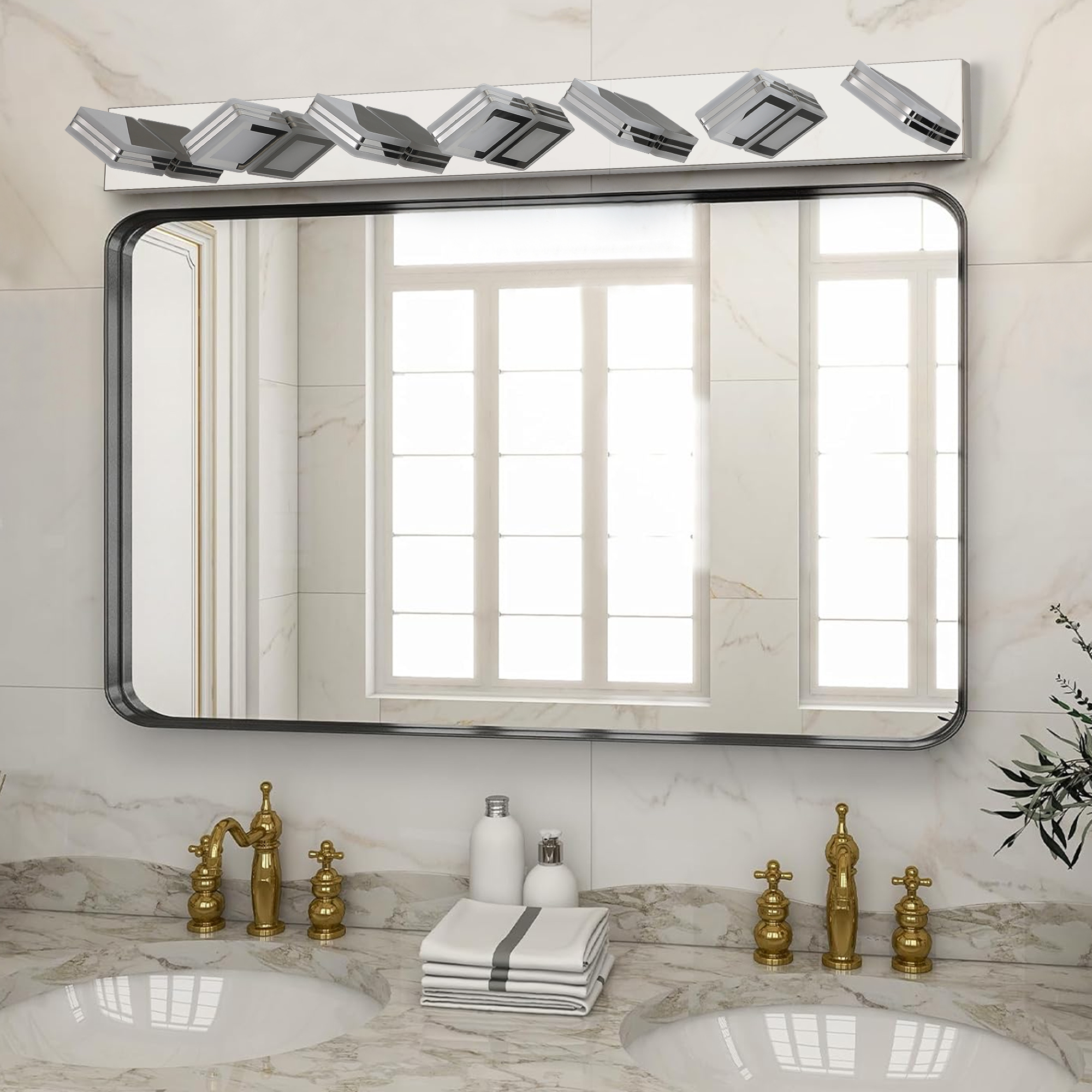 (Same as W1340142519/L2007-G-7) 45" Modern Chrome 7-Light LED Vanity Light, Square Acrylic Lampshades Wall Mount Fixture for Bathroom, Mirror Lighting - Image 5