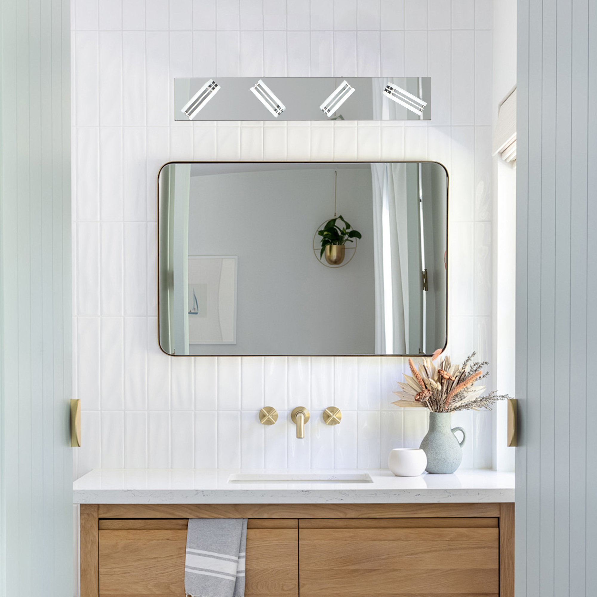 (NEW SKU:W1340P206805) 26" Modern Chrome 4-Light LED Vanity Light, Square Acrylic Lampshades Wall Mount Fixture for Bathroom, Mirror Lighting - Image 2