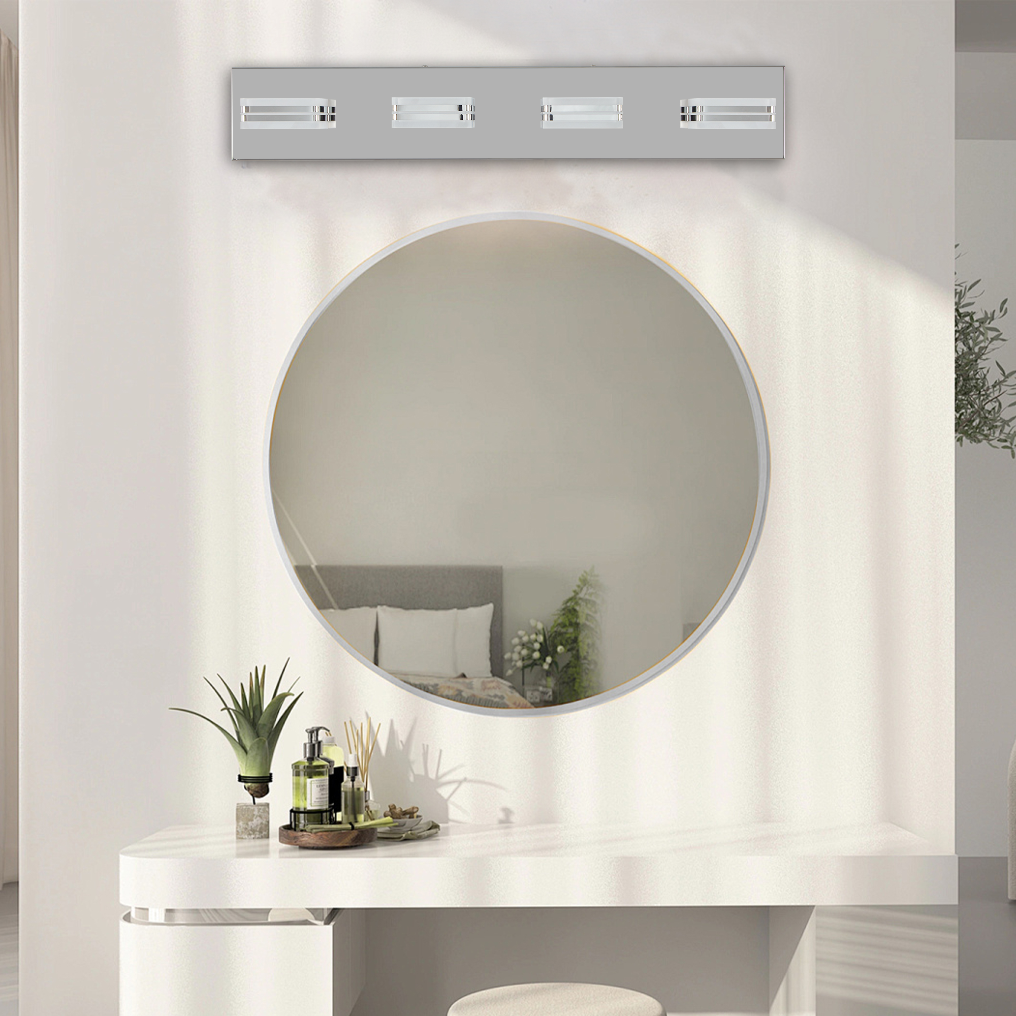 (NEW SKU:W1340P206805) 26" Modern Chrome 4-Light LED Vanity Light, Square Acrylic Lampshades Wall Mount Fixture for Bathroom, Mirror Lighting - Image 3