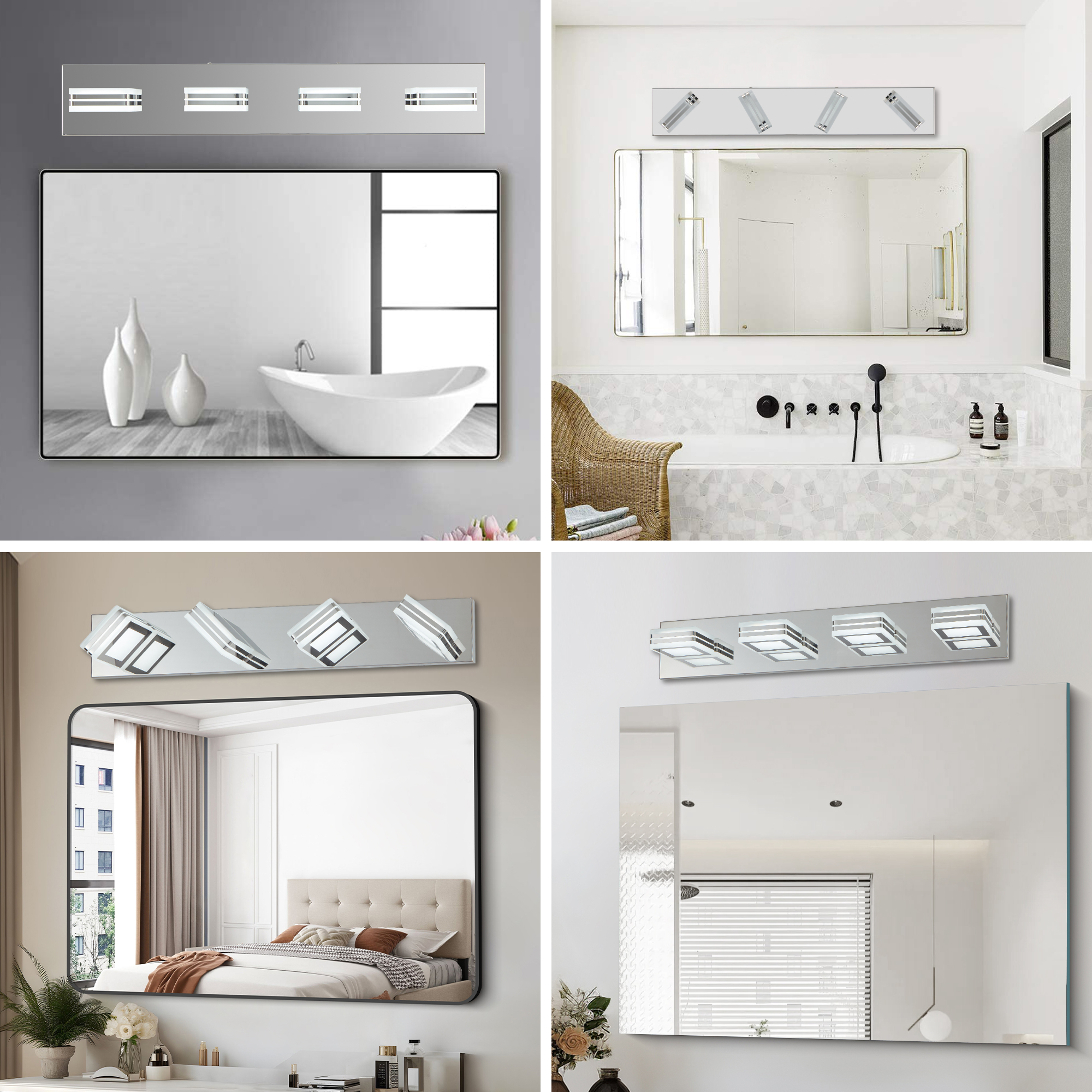 (NEW SKU:W1340P206805) 26" Modern Chrome 4-Light LED Vanity Light, Square Acrylic Lampshades Wall Mount Fixture for Bathroom, Mirror Lighting - Image 4