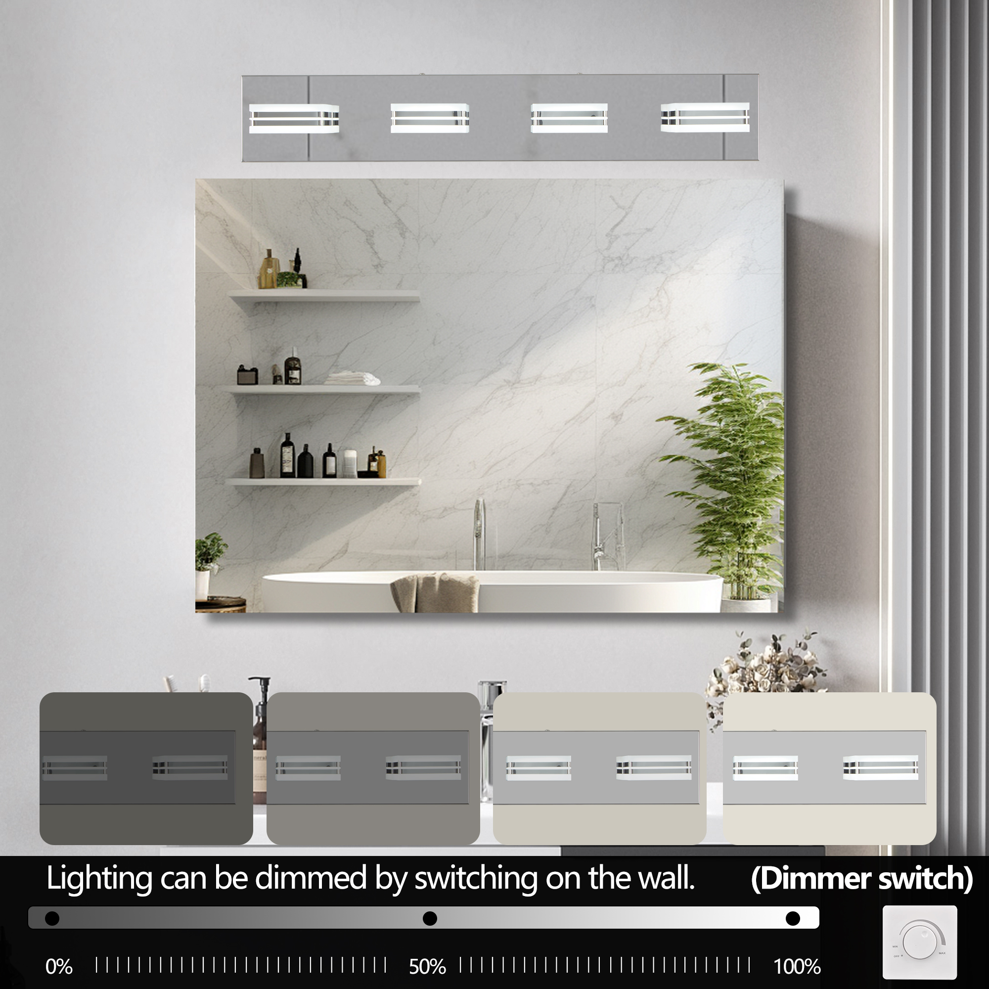 (NEW SKU:W1340P206805) 26" Modern Chrome 4-Light LED Vanity Light, Square Acrylic Lampshades Wall Mount Fixture for Bathroom, Mirror Lighting - Image 5