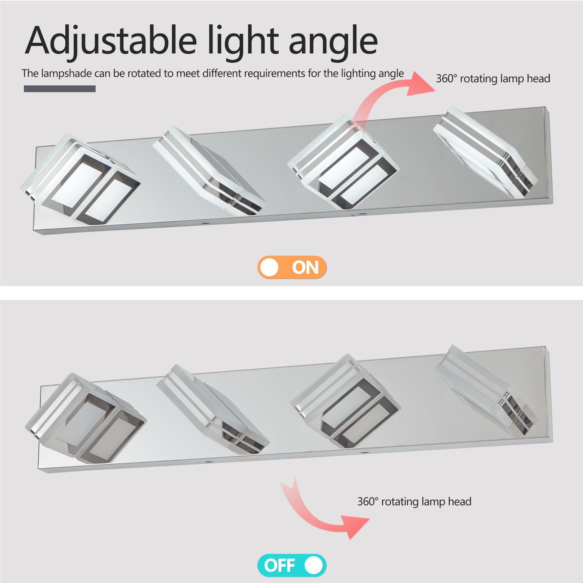 (NEW SKU:W1340P206805) 26" Modern Chrome 4-Light LED Vanity Light, Square Acrylic Lampshades Wall Mount Fixture for Bathroom, Mirror Lighting - Image 6