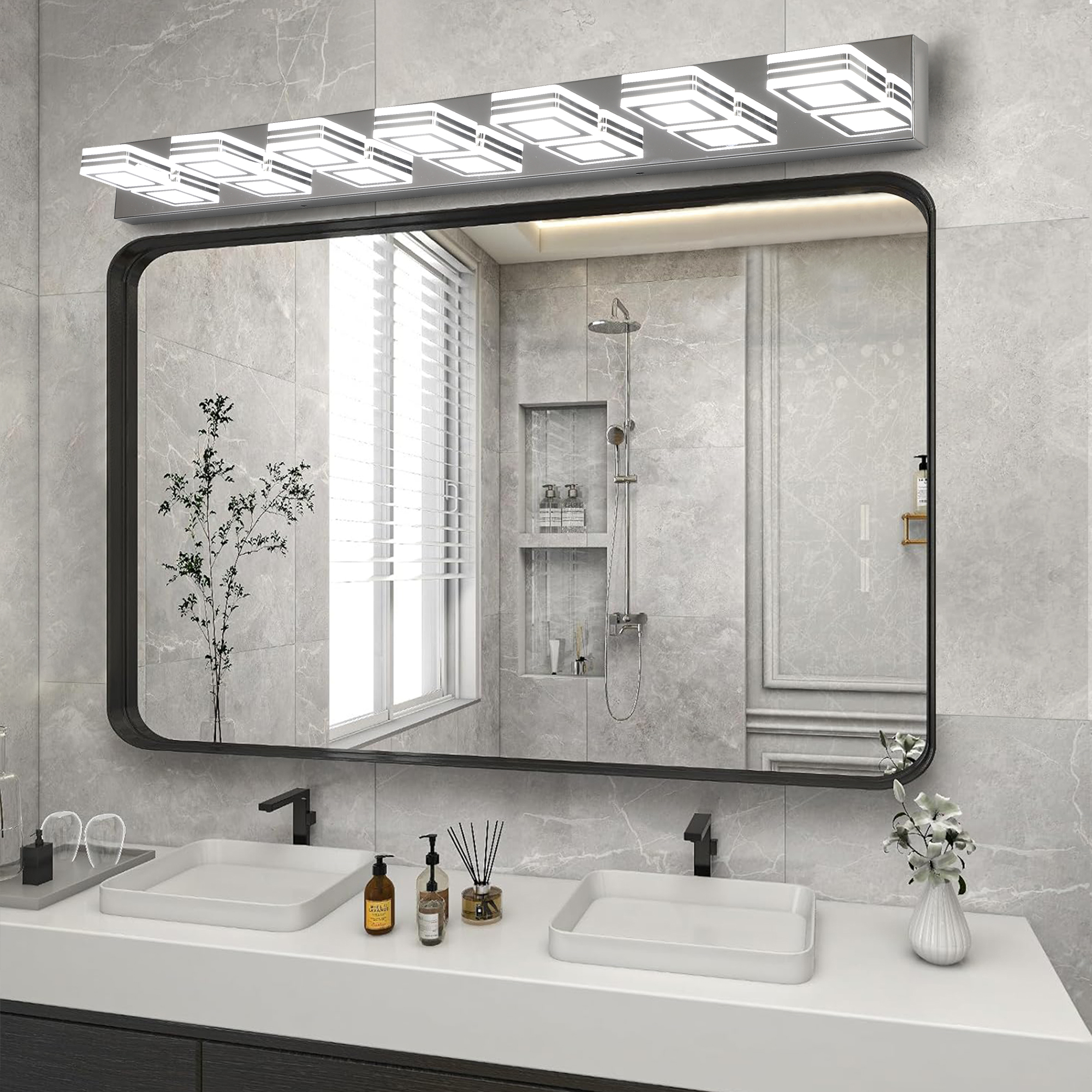 (Same as W1340142519/L2007-G-7) 45" Modern Chrome 7-Light LED Vanity Light, Square Acrylic Lampshades Wall Mount Fixture for Bathroom, Mirror Lighting - Image 4
