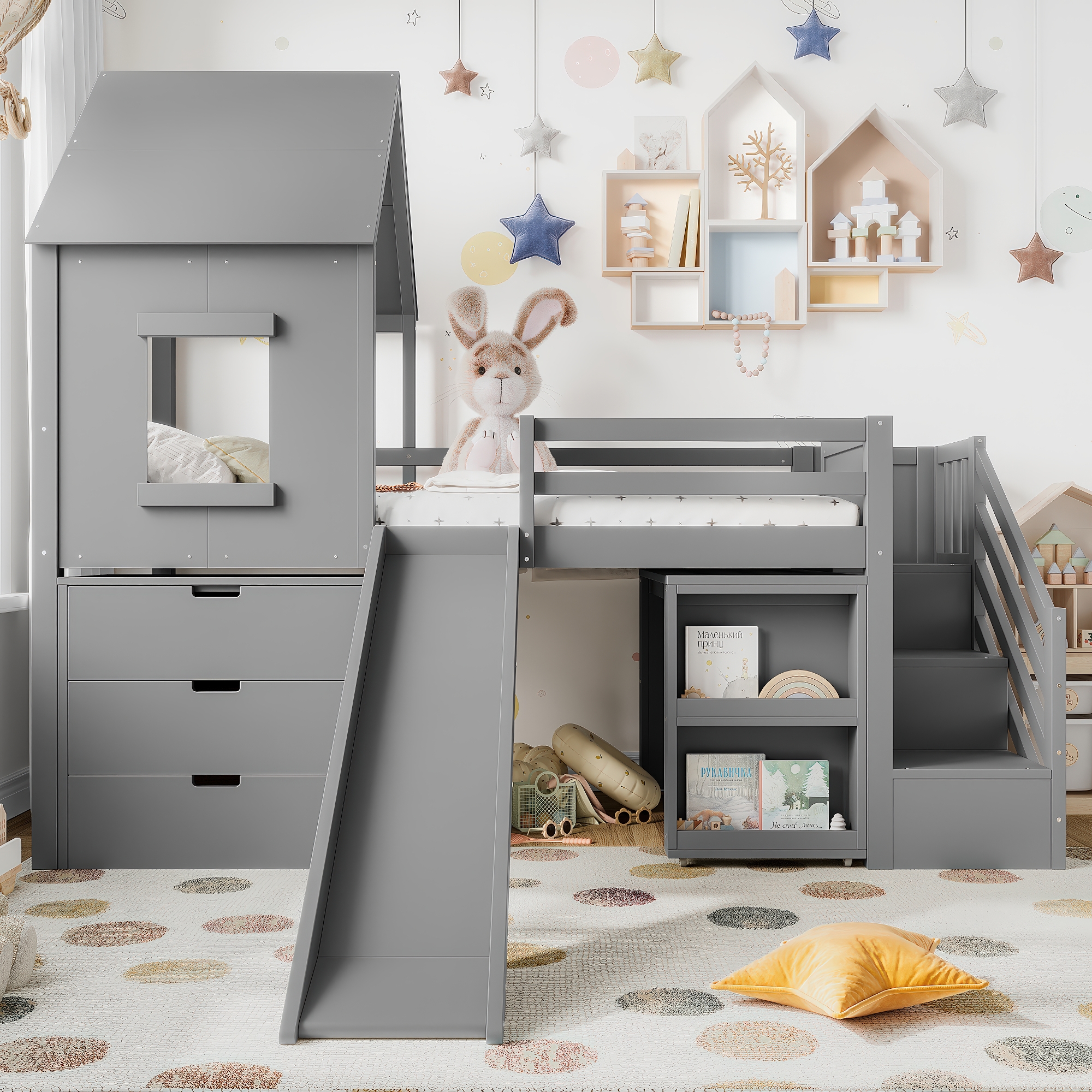 Twin Loft Bed with Storage Cabinets and Removable Desk, Kids House Loft Bed with Slide and Stairs, Childlike and Multi-functional Design,Gray - Image 1