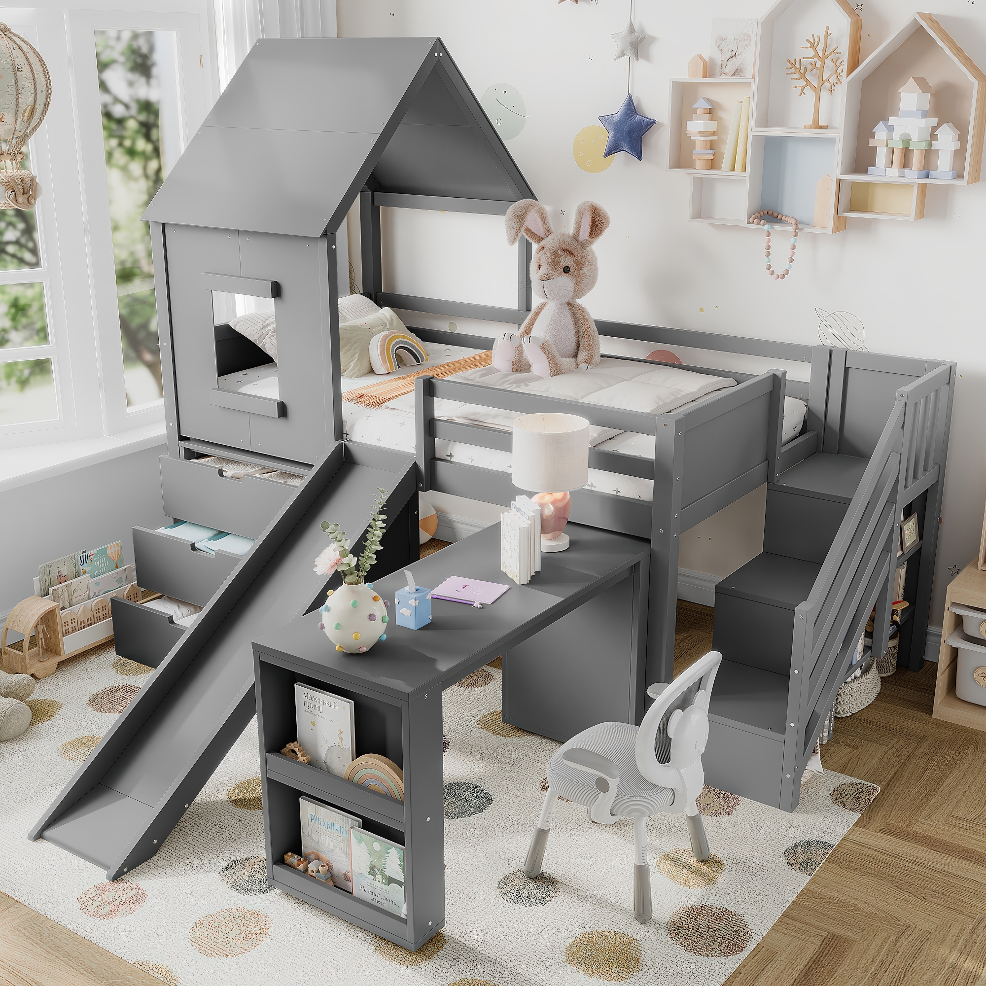 Twin Loft Bed with Storage Cabinets and Removable Desk, Kids House Loft Bed with Slide and Stairs, Childlike and Multi-functional Design,Gray - Image 2