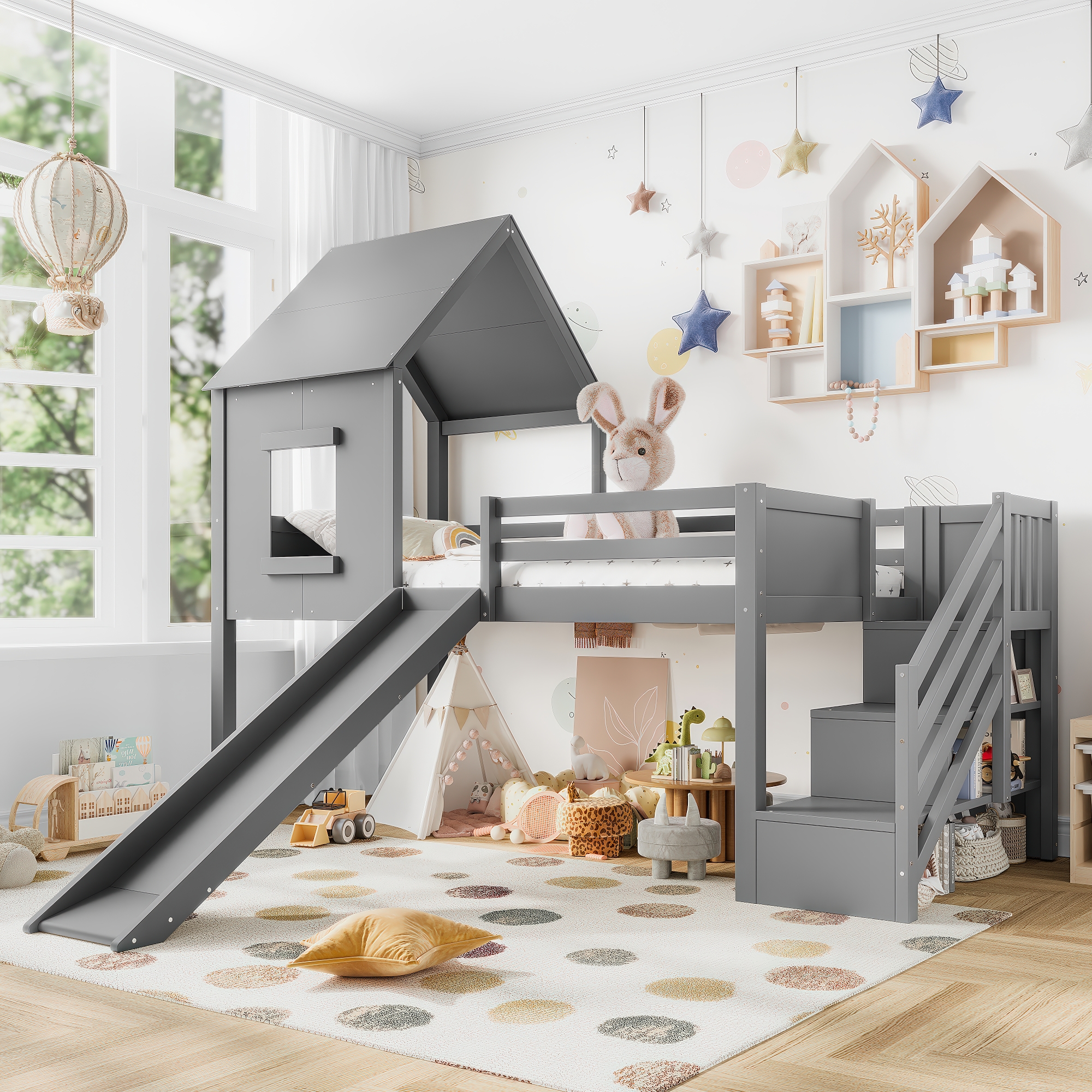 Twin Loft Bed with Storage Cabinets and Removable Desk, Kids House Loft Bed with Slide and Stairs, Childlike and Multi-functional Design,Gray - Image 3